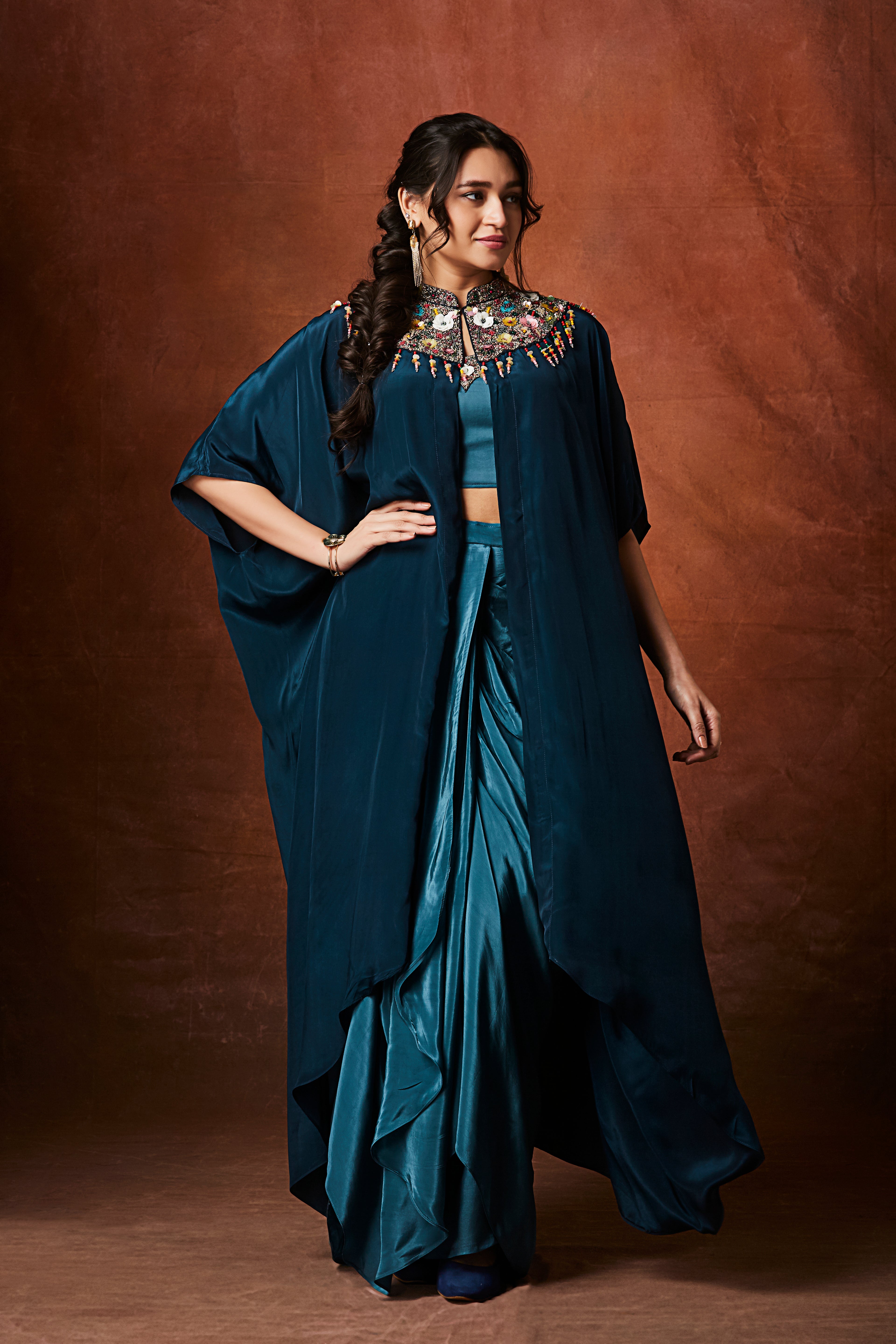 Deep Aqua Teal Embellished Crepe Silk Skirt Set