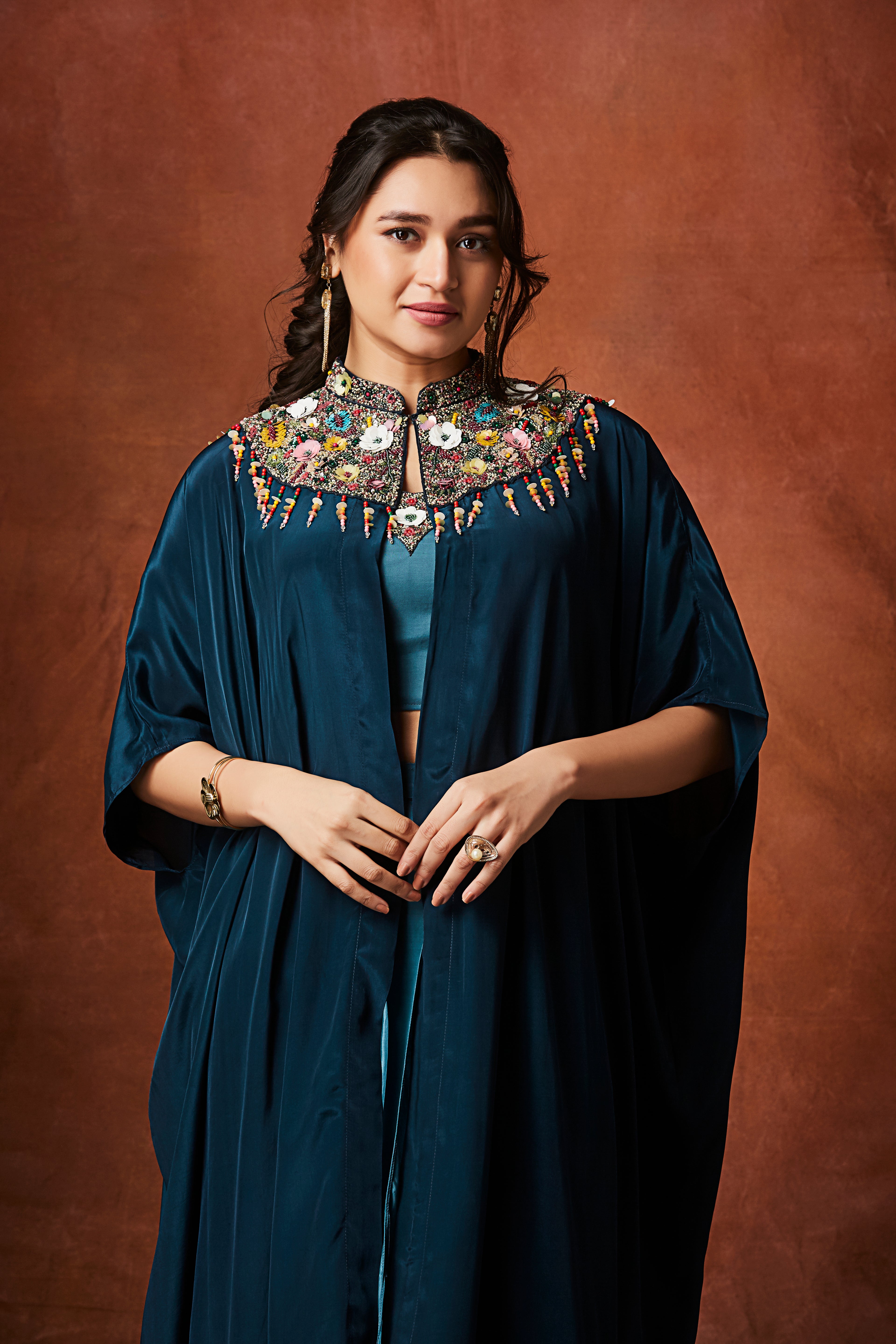 Deep Aqua Teal Embellished Crepe Silk Skirt Set