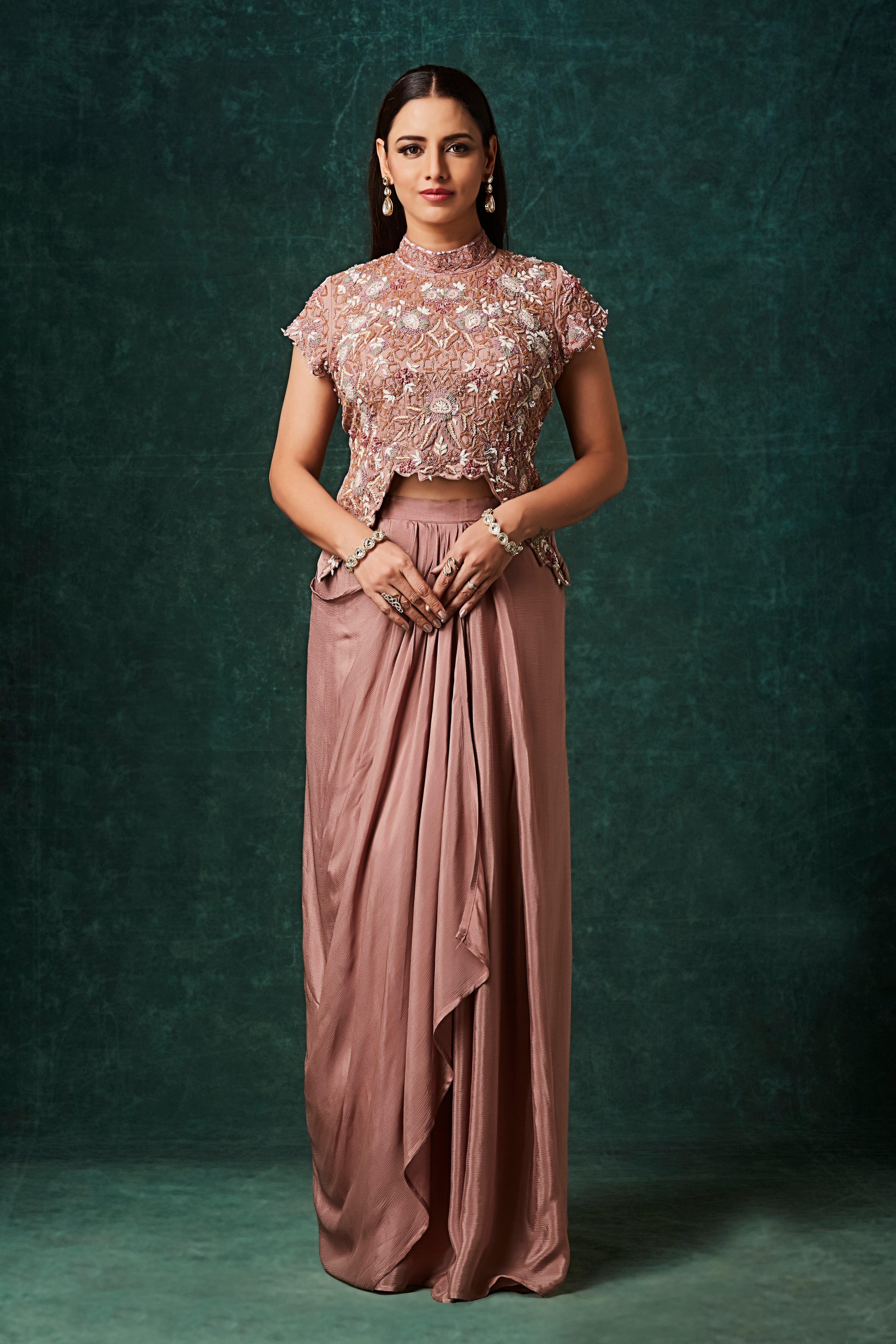 Dusty Rose Embellished Chinon Silk Skirt Set