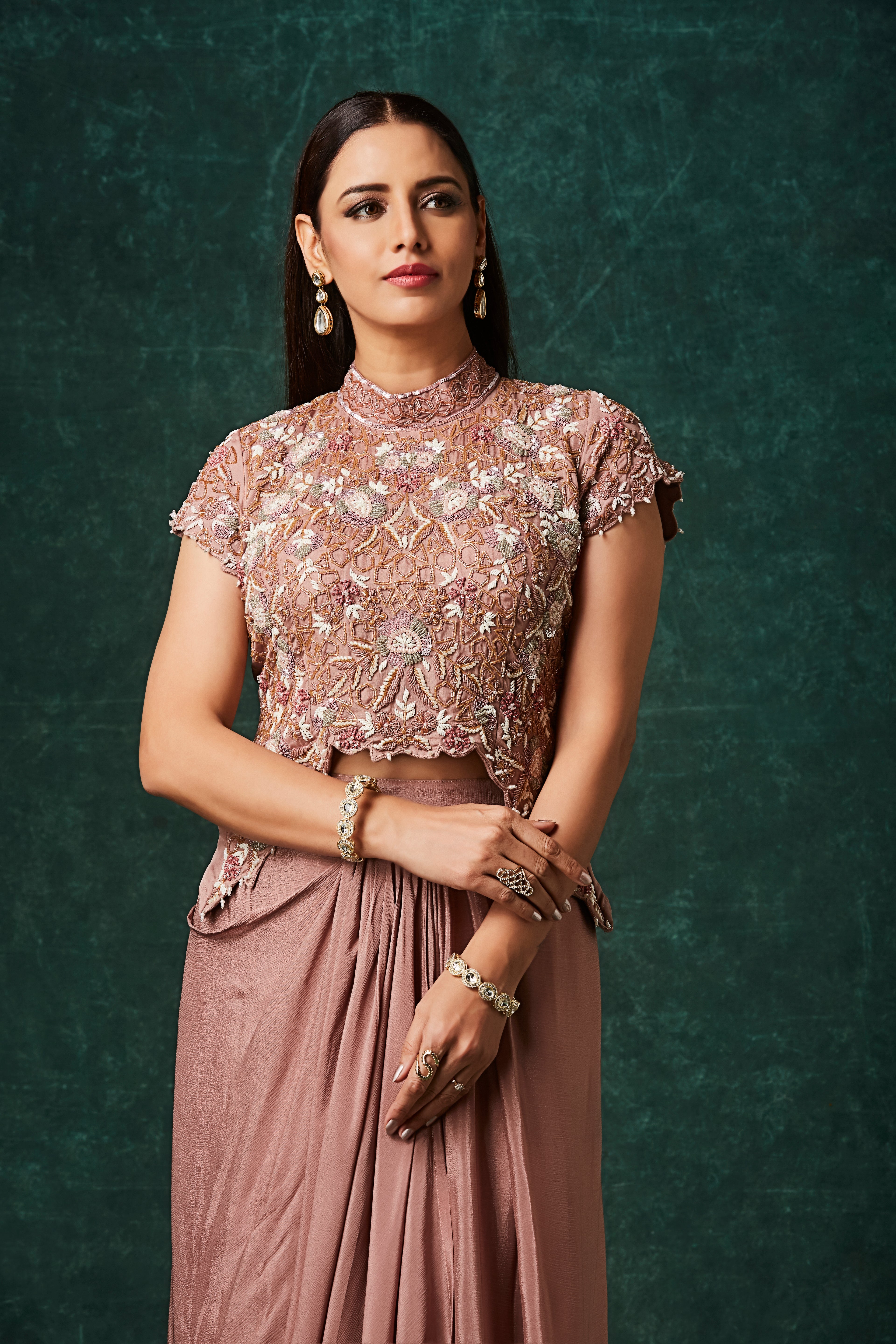 Dusty Rose Embellished Chinon Silk Skirt Set