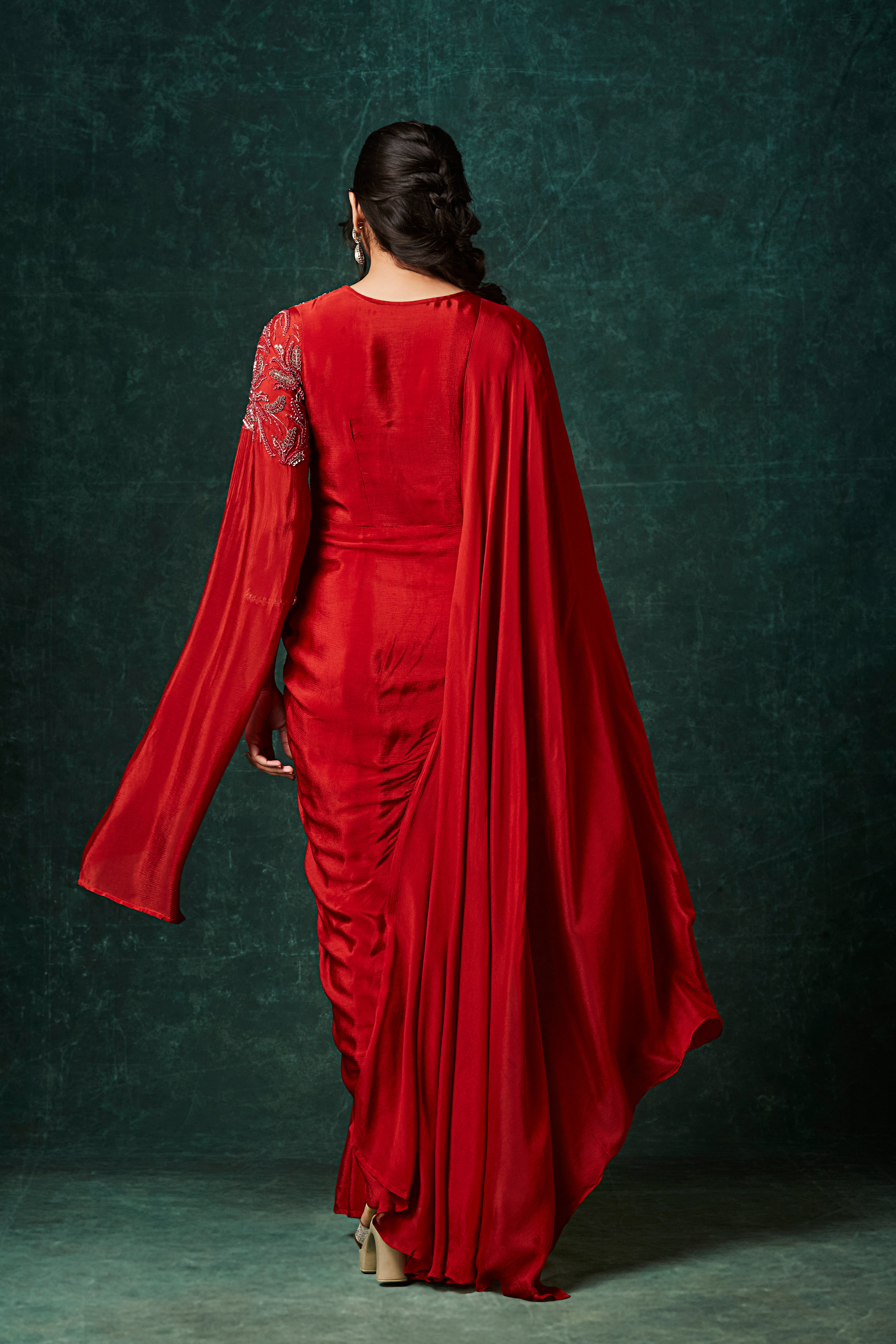 Rust Orange Embellished Chinon Silk Gown