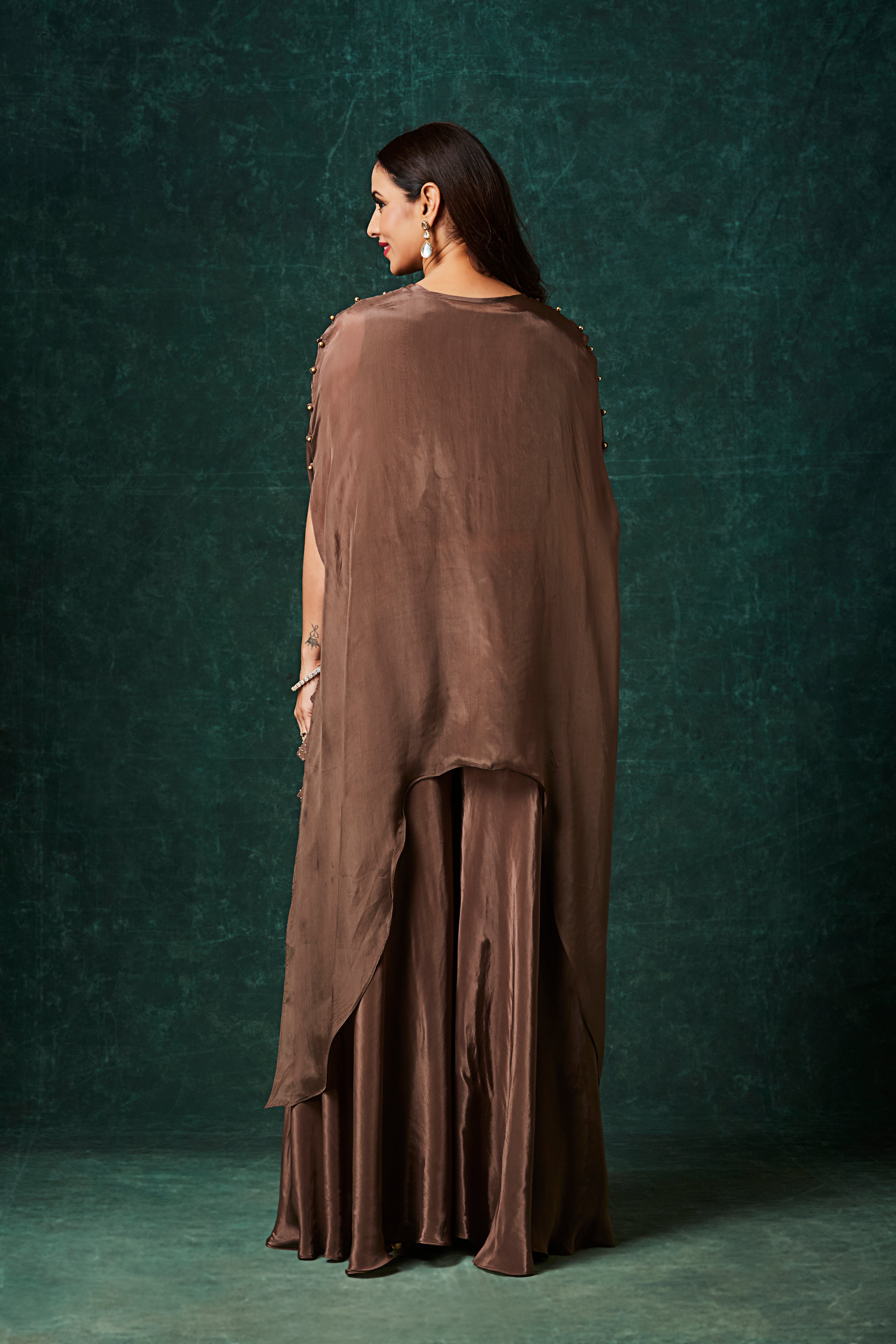 Dusty Coffee Brown Embellished Organza Silk Kaftan Set