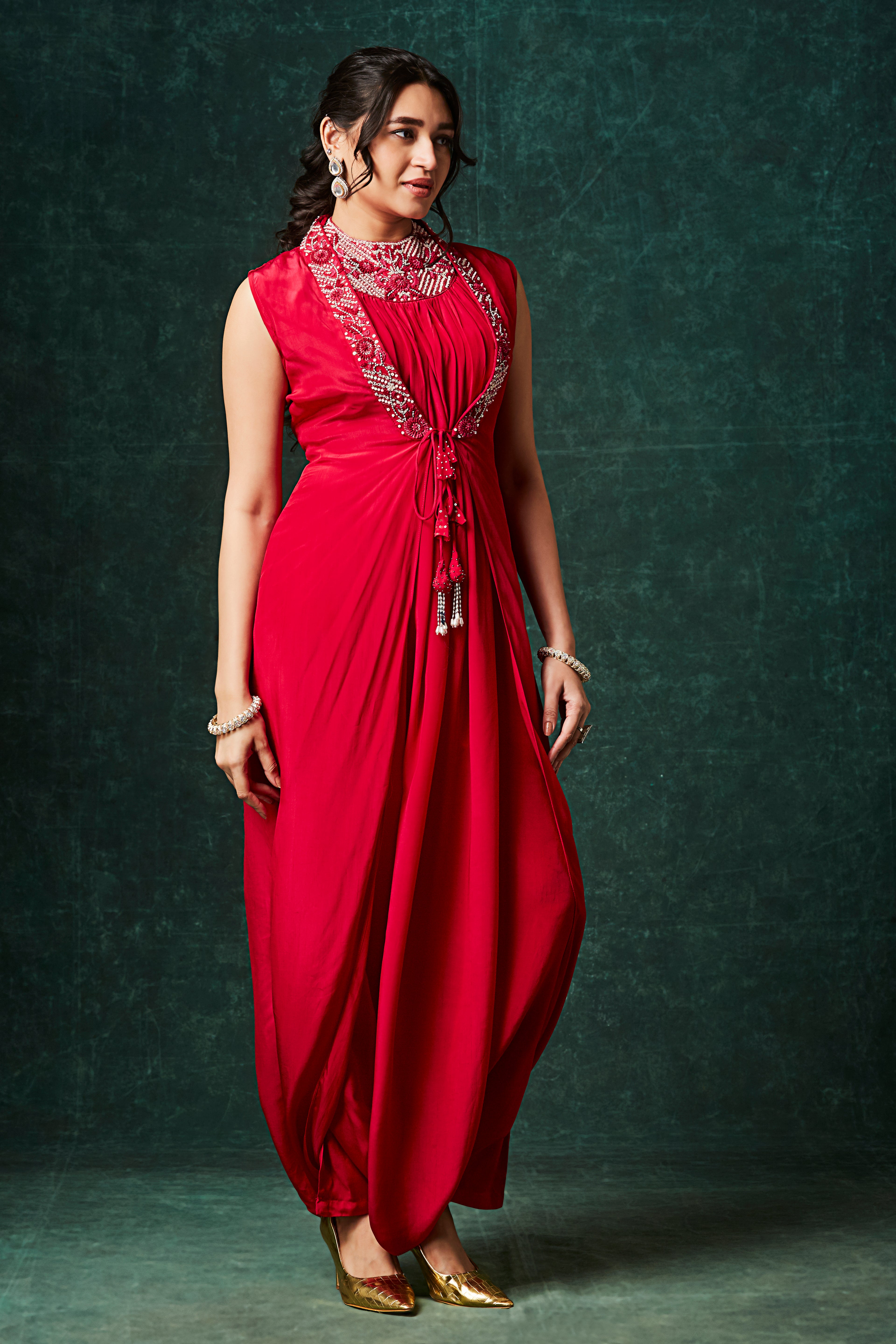 Rich Red Embellished Chinon Silk Cowl Dress