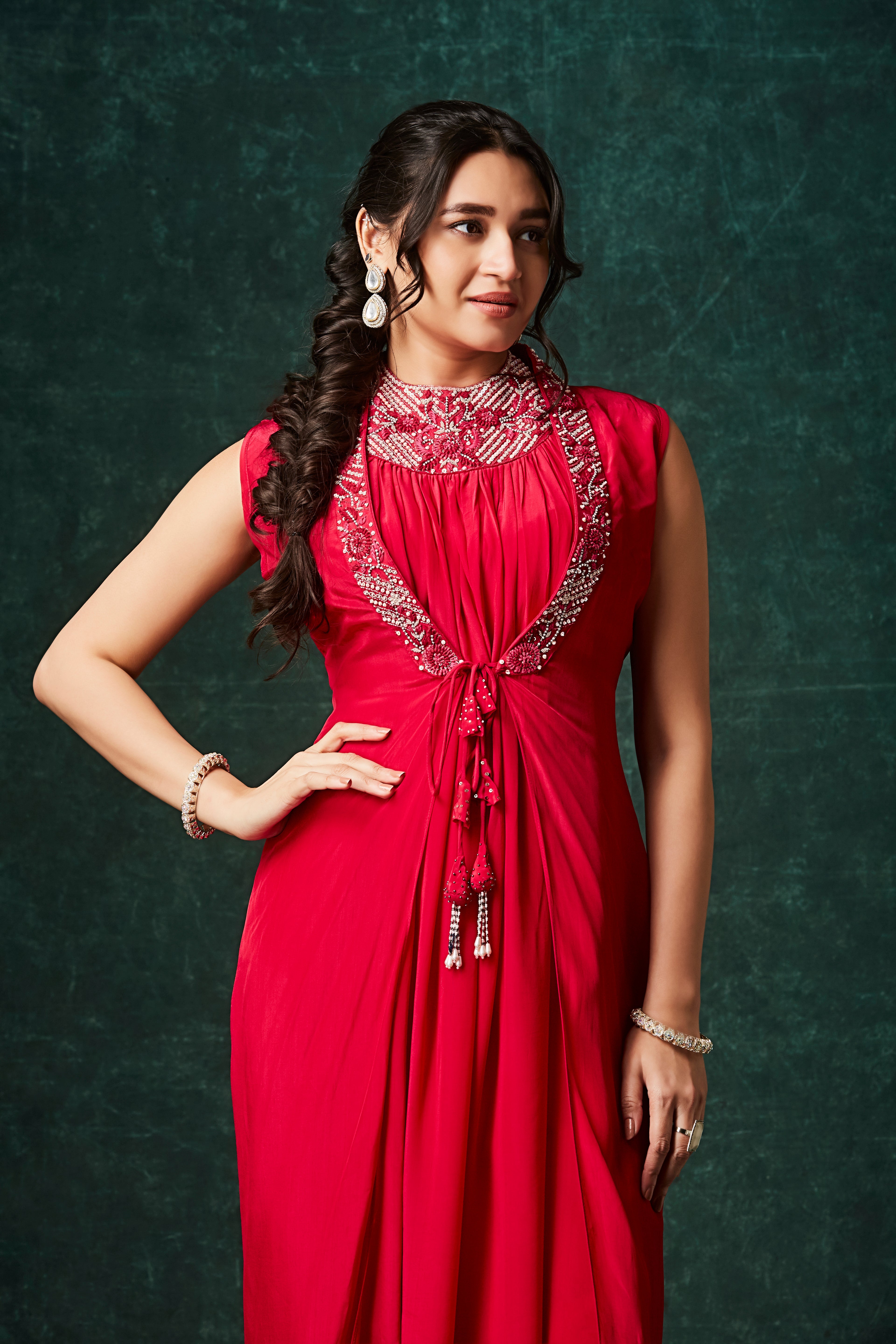 Rich Red Embellished Chinon Silk Cowl Dress