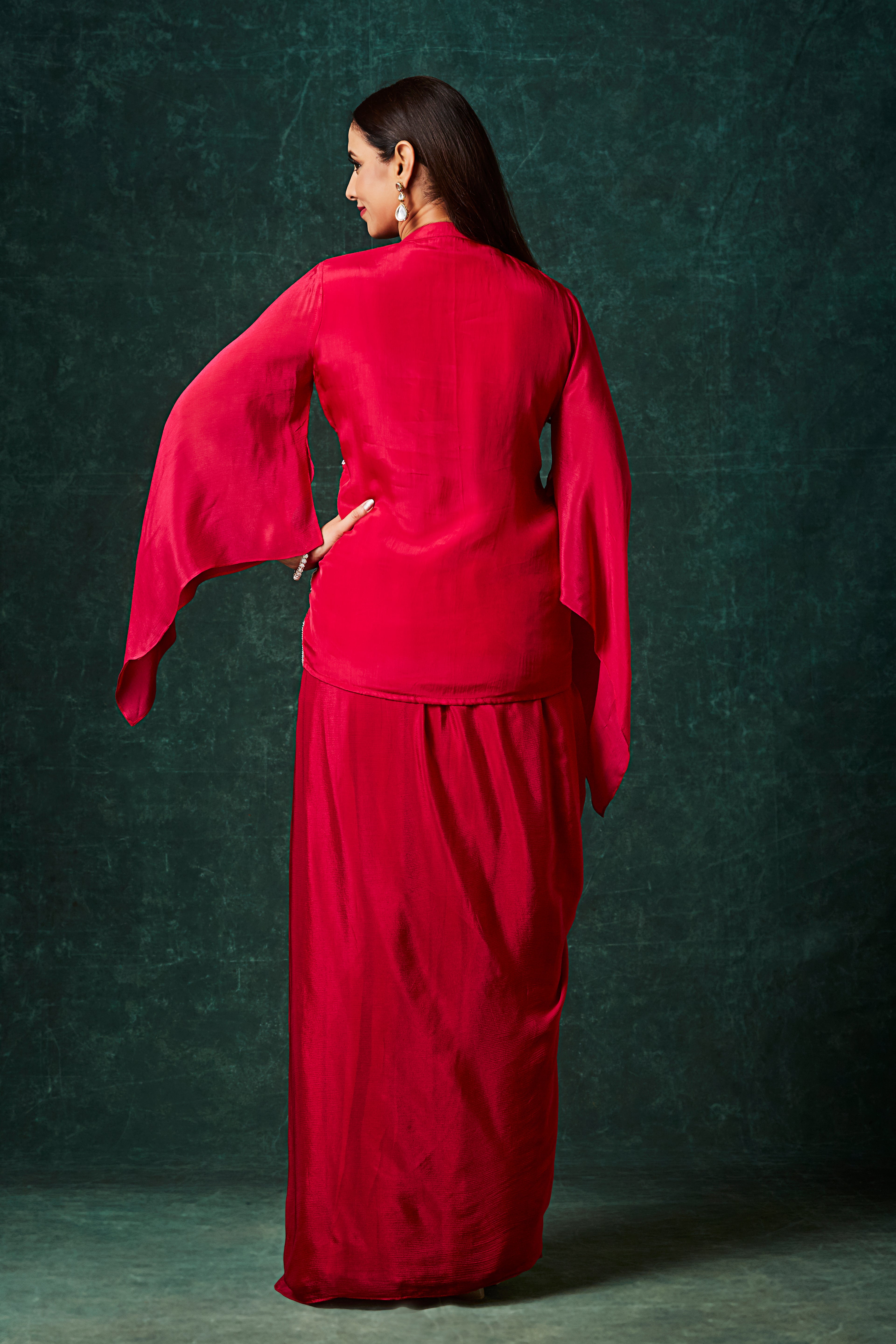 Vibrant Red Floral Embroidered Crepe Silk Skirt Set