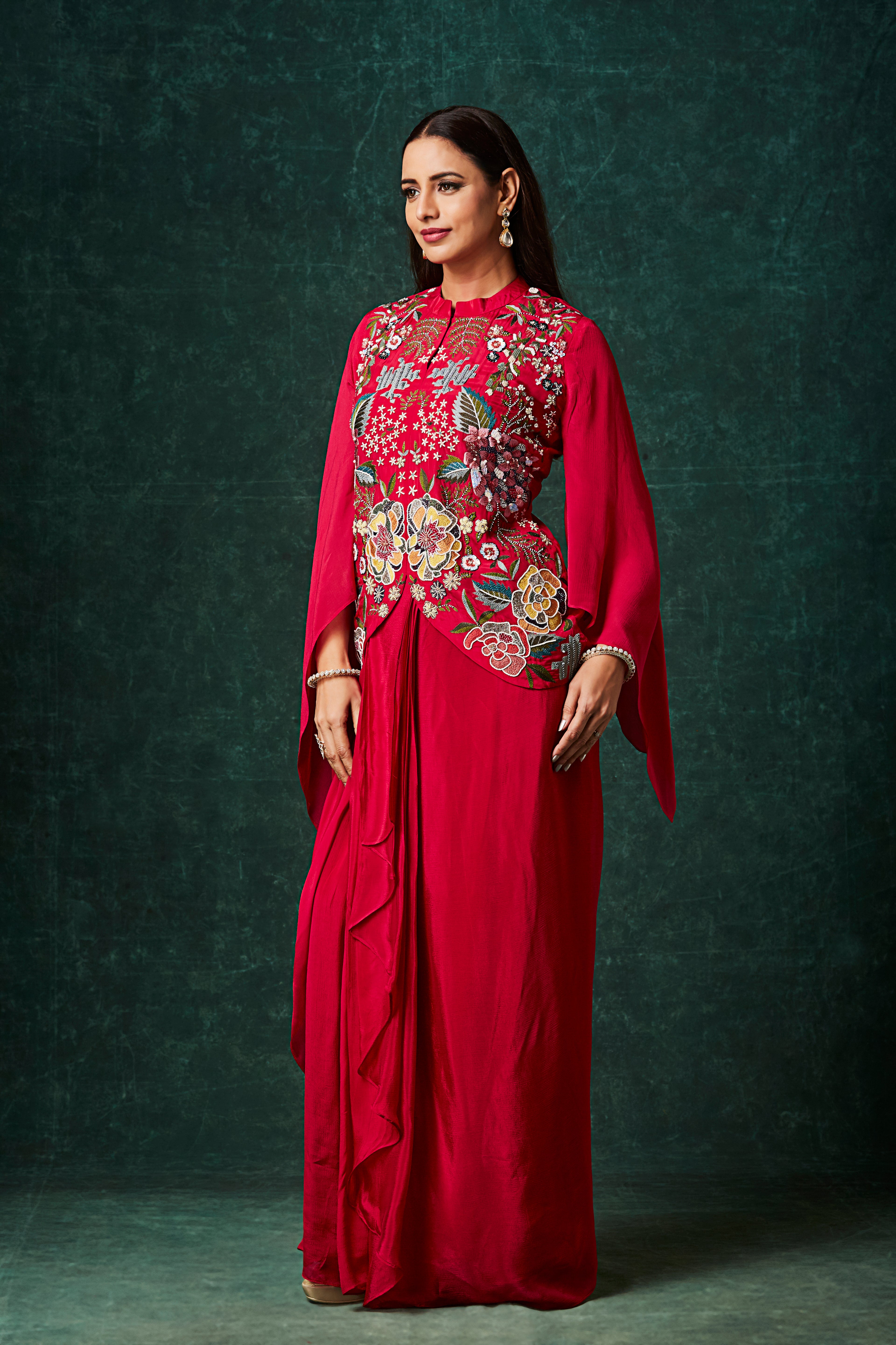 Vibrant Red Floral Embroidered Crepe Silk Skirt Set