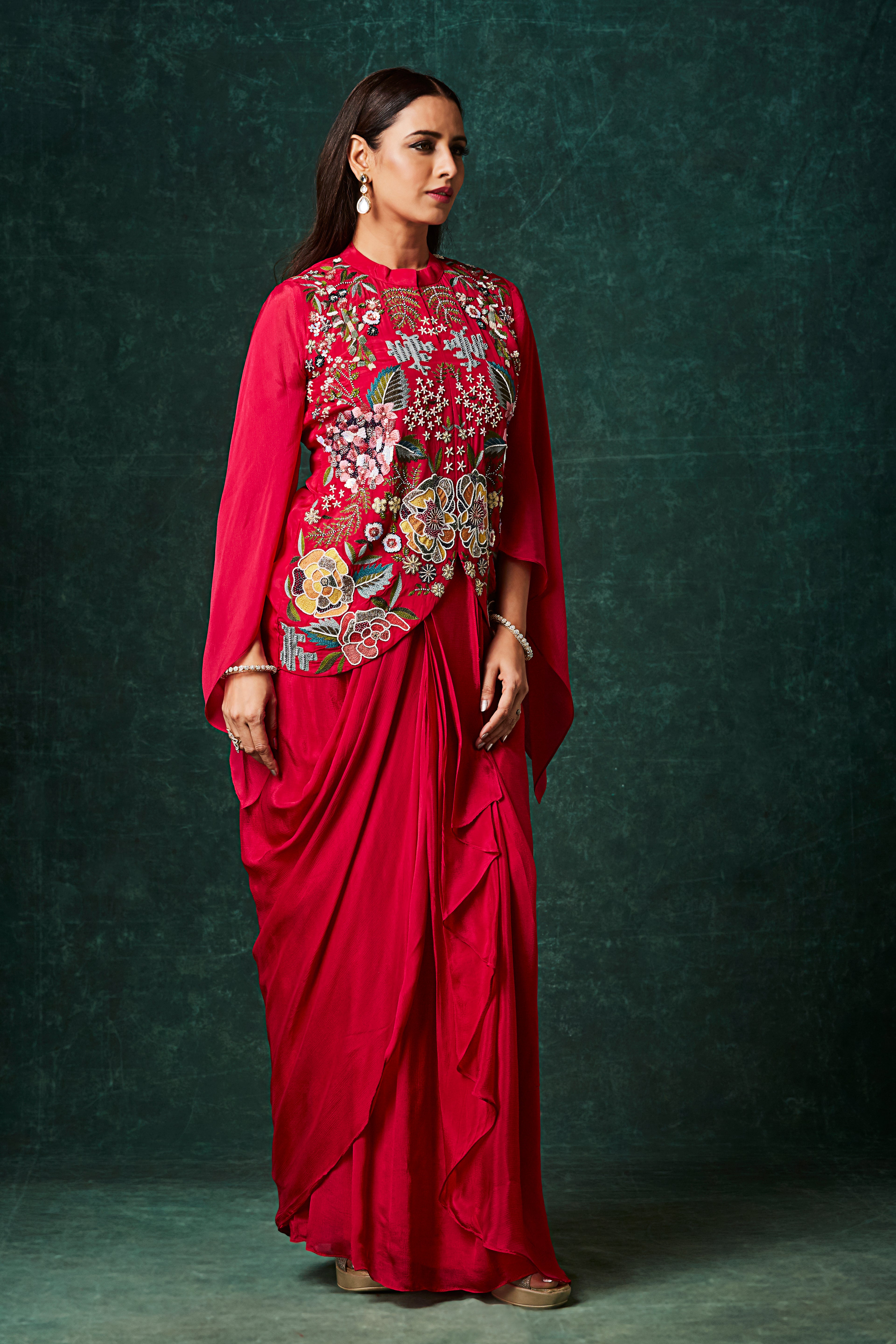Vibrant Red Floral Embroidered Crepe Silk Skirt Set