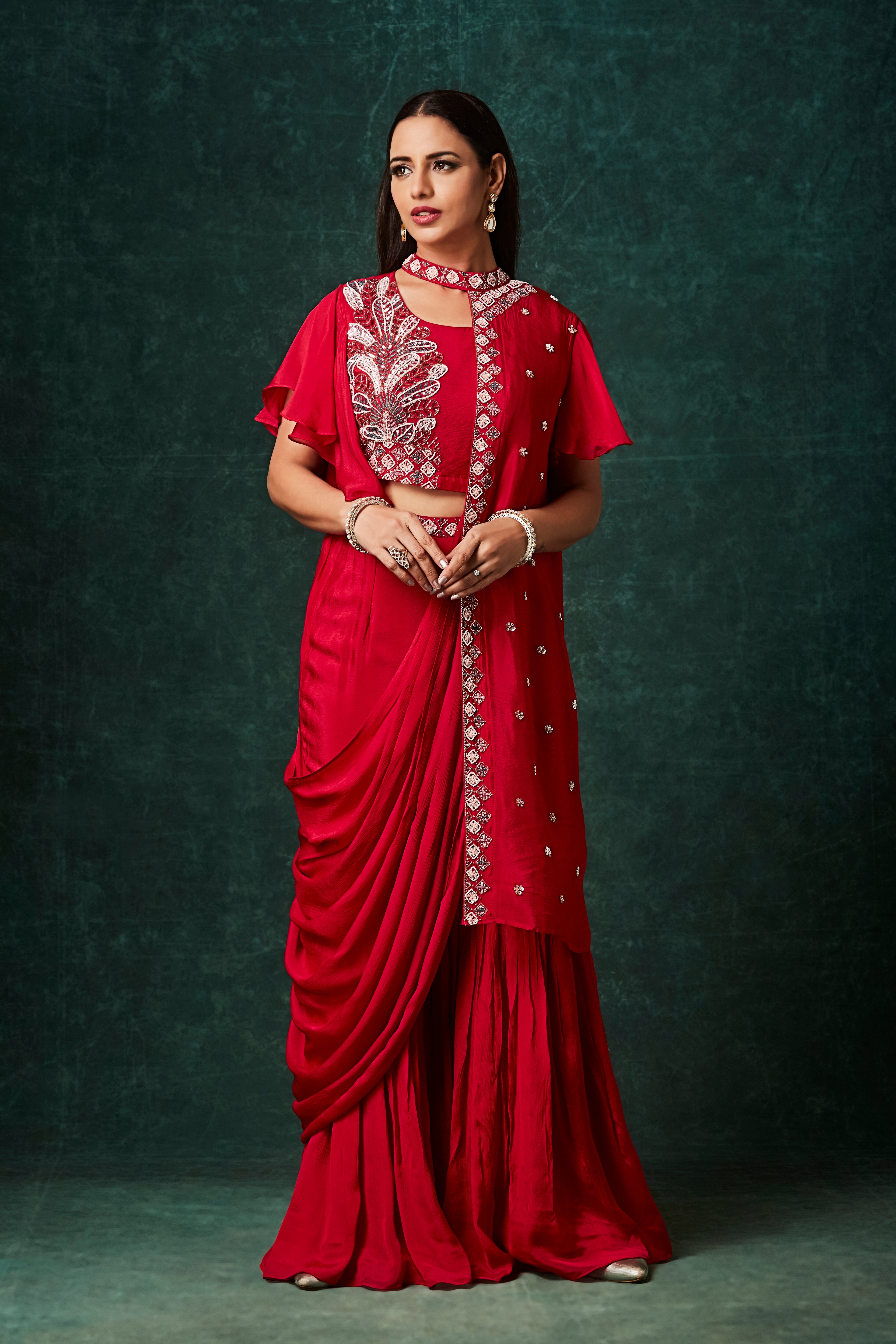 Scarlet Red Embellished Chinon Silk Palazzo Set