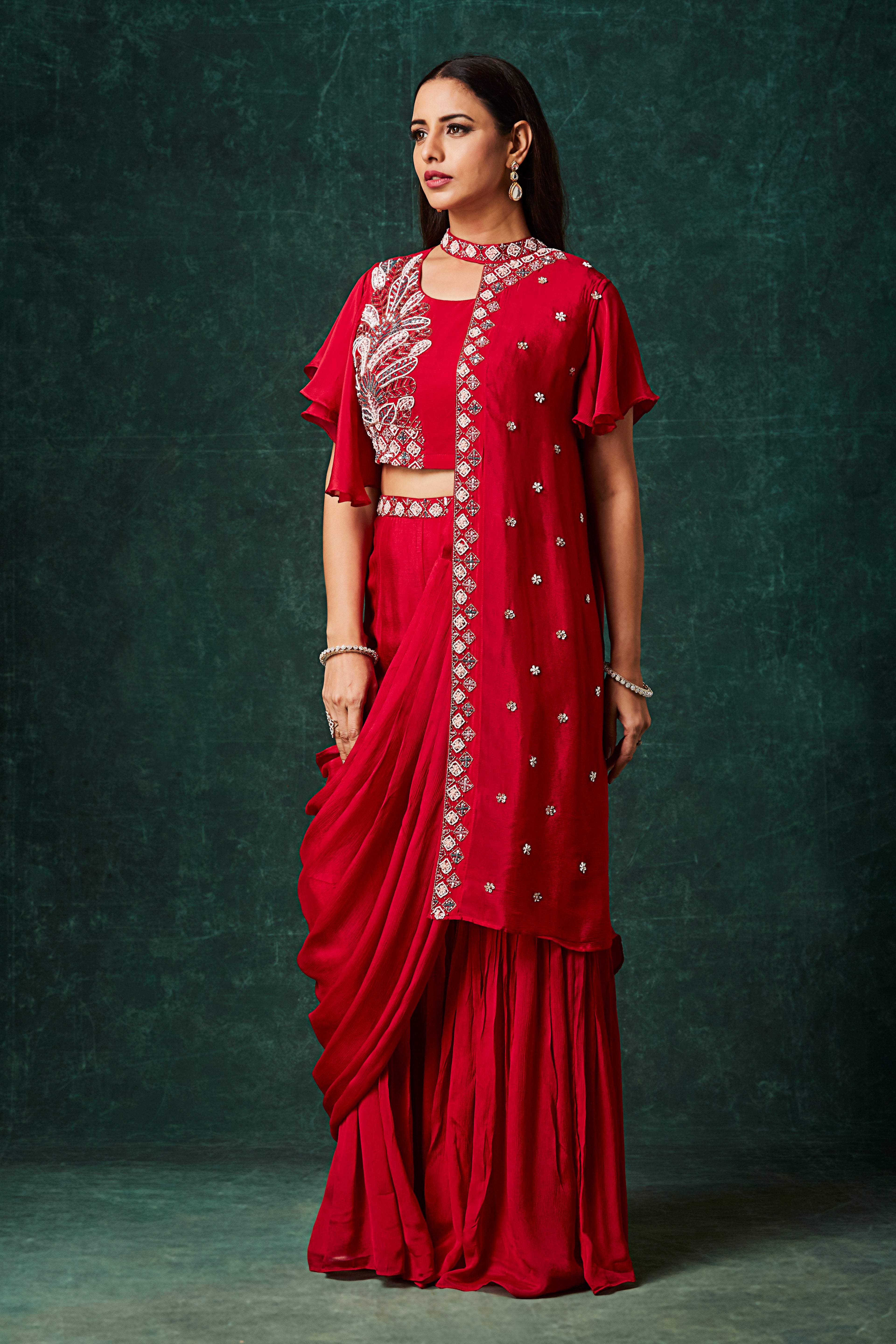 Scarlet Red Embellished Chinon Silk Palazzo Set