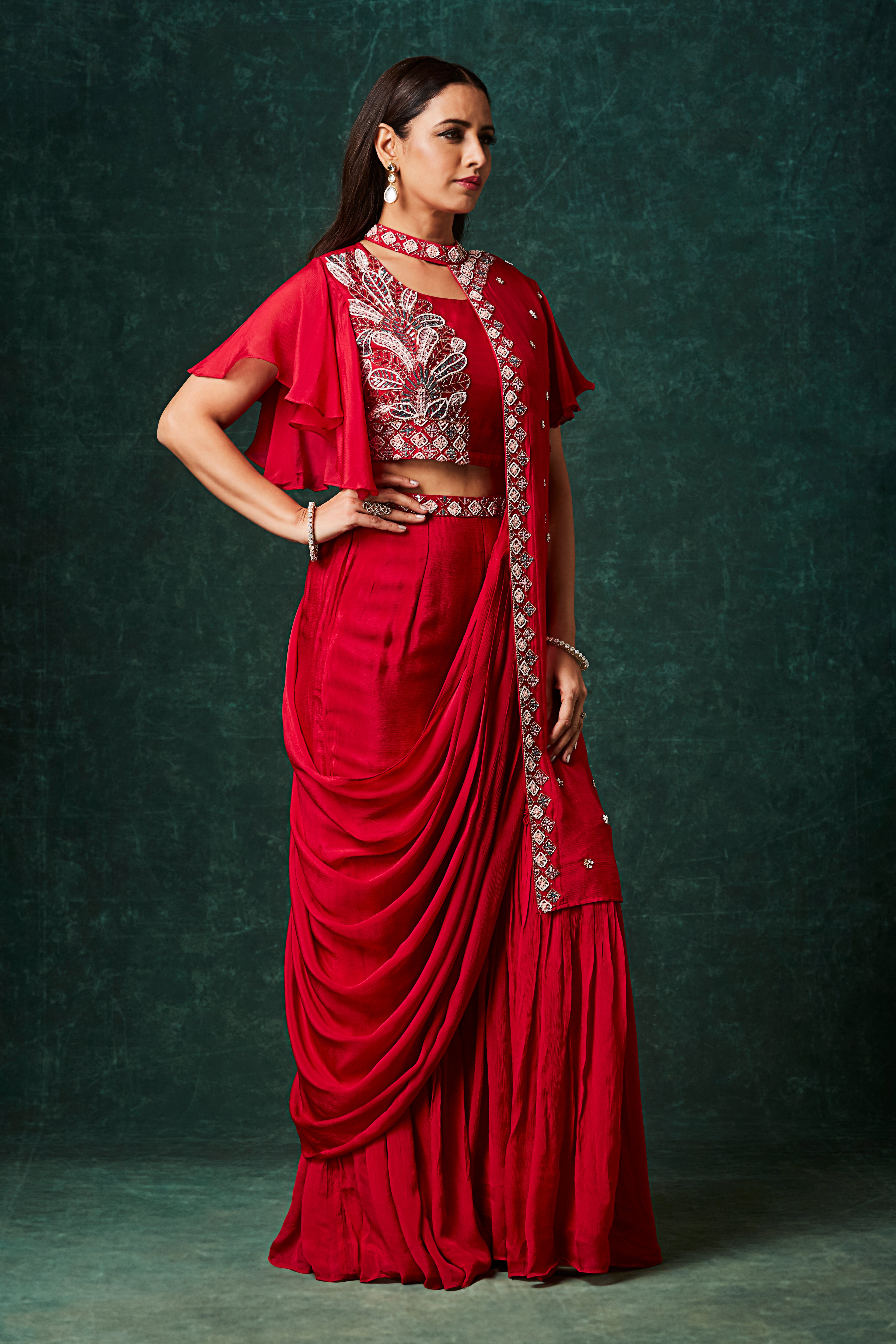 Scarlet Red Embellished Chinon Silk Palazzo Set