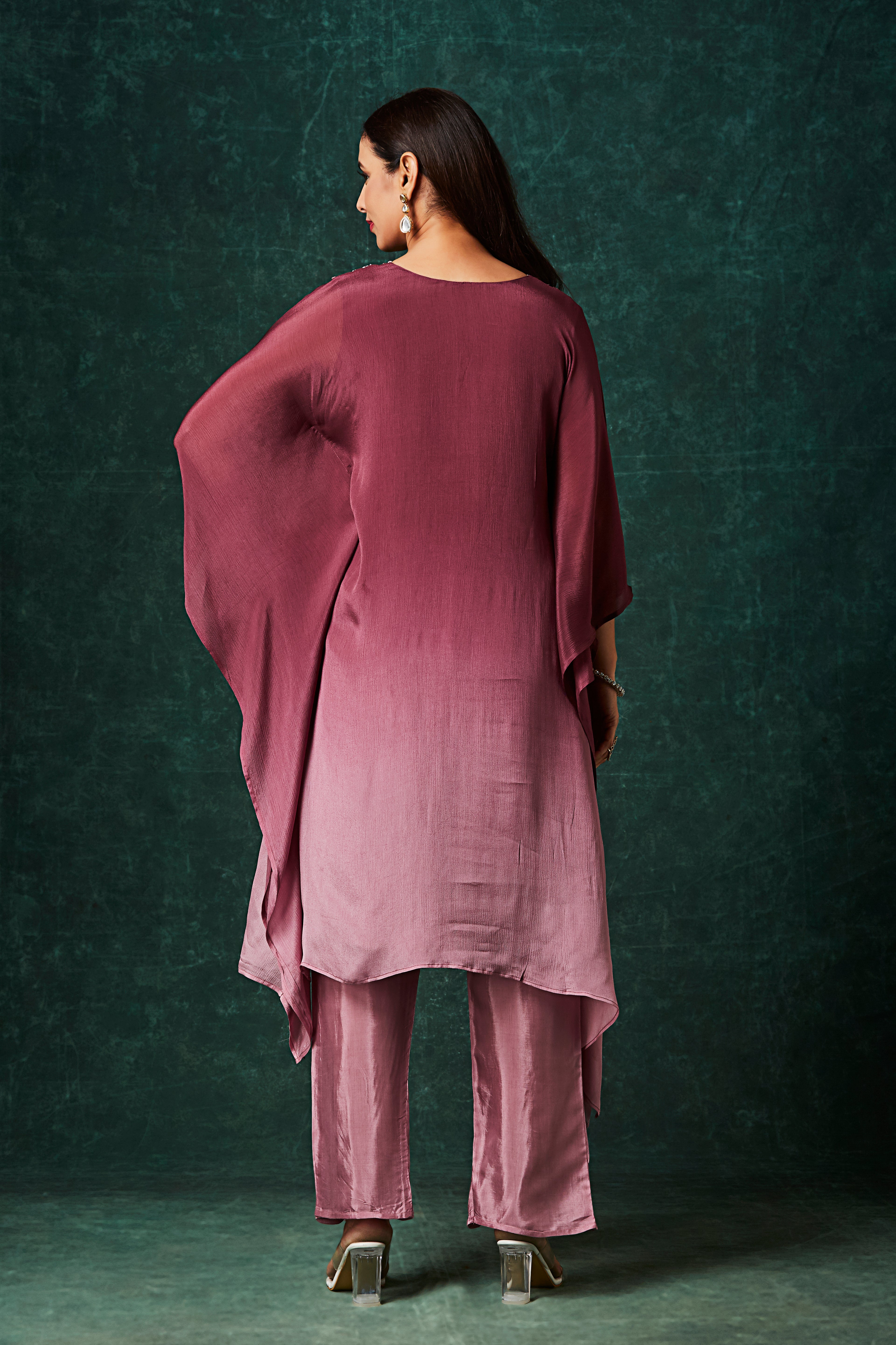 Berry Ombre Embellished Chinon Silk Kaftan Set