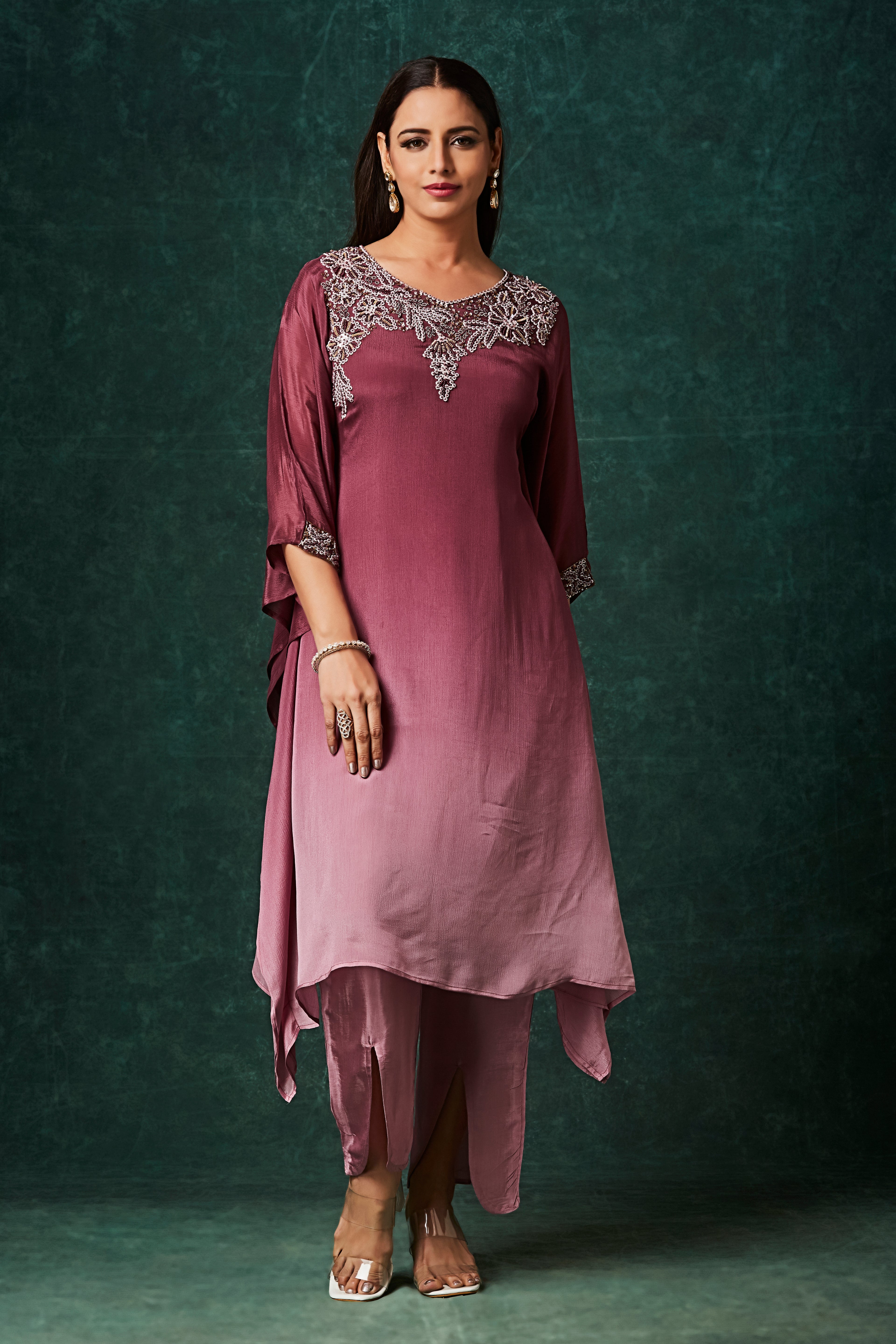 Berry Ombre Embellished Chinon Silk Kaftan Set