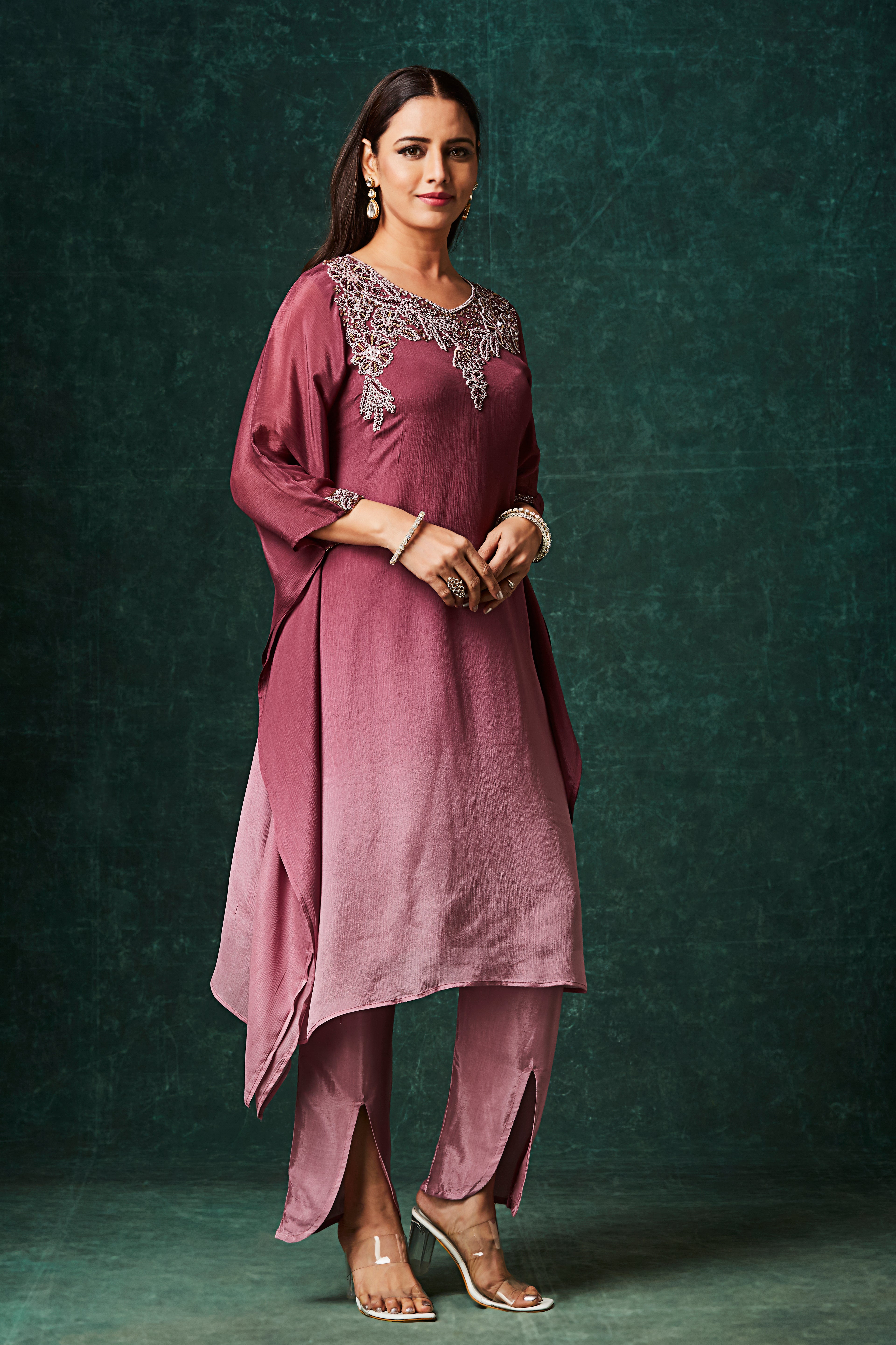 Berry Ombre Embellished Chinon Silk Kaftan Set