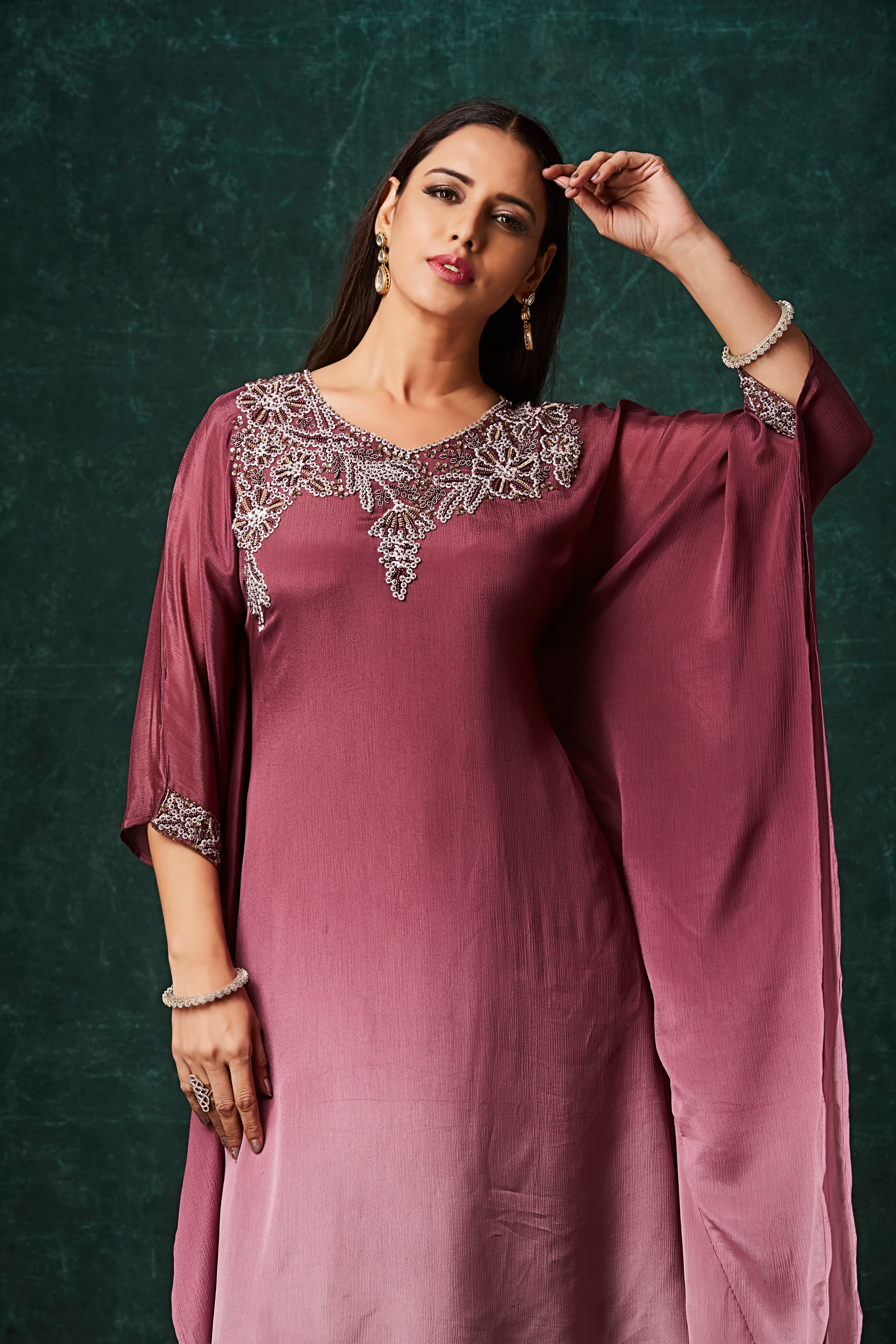 Berry Ombre Embellished Chinon Silk Kaftan Set