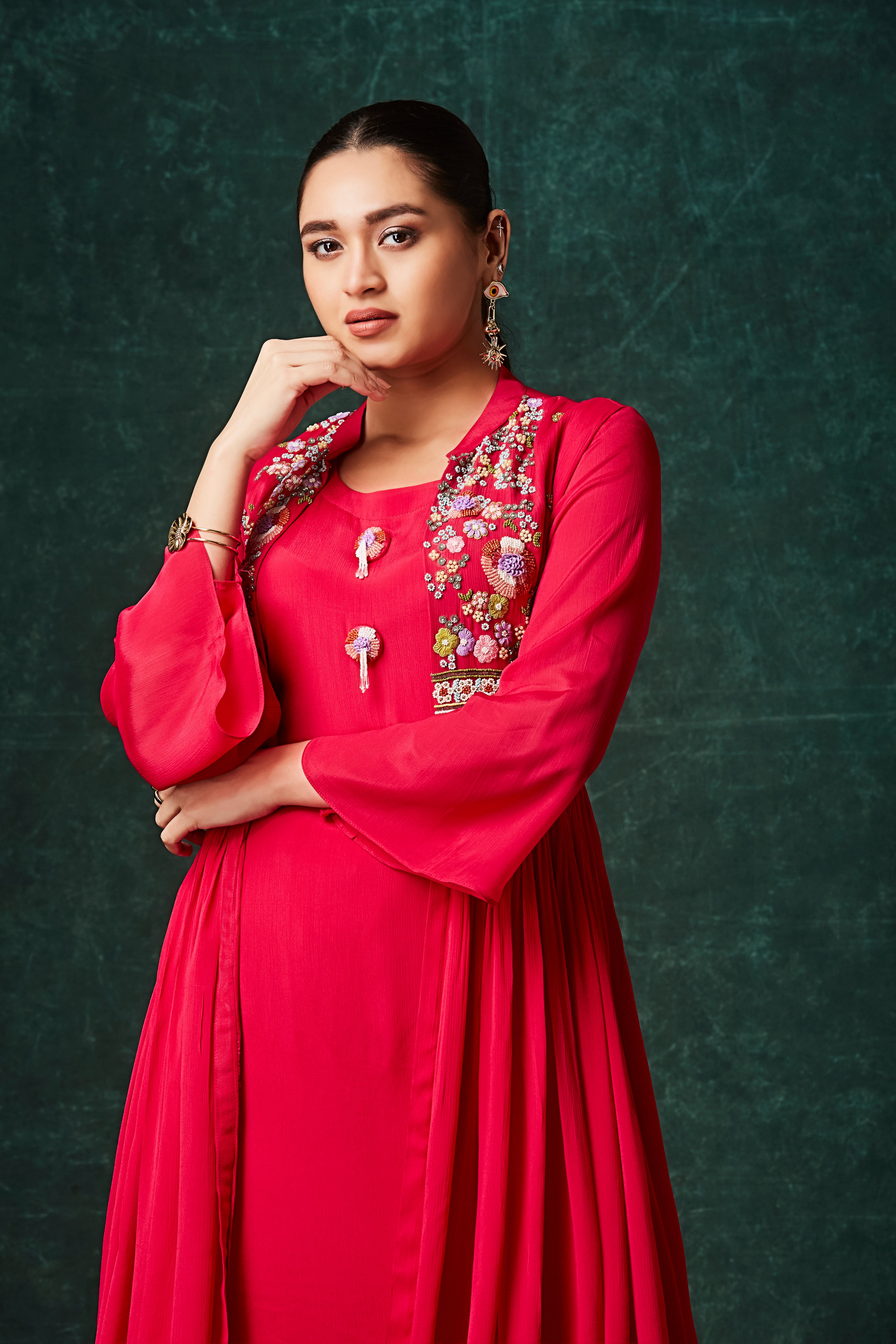 Crimson Red Embellished Chinon Silk Anarkali Set