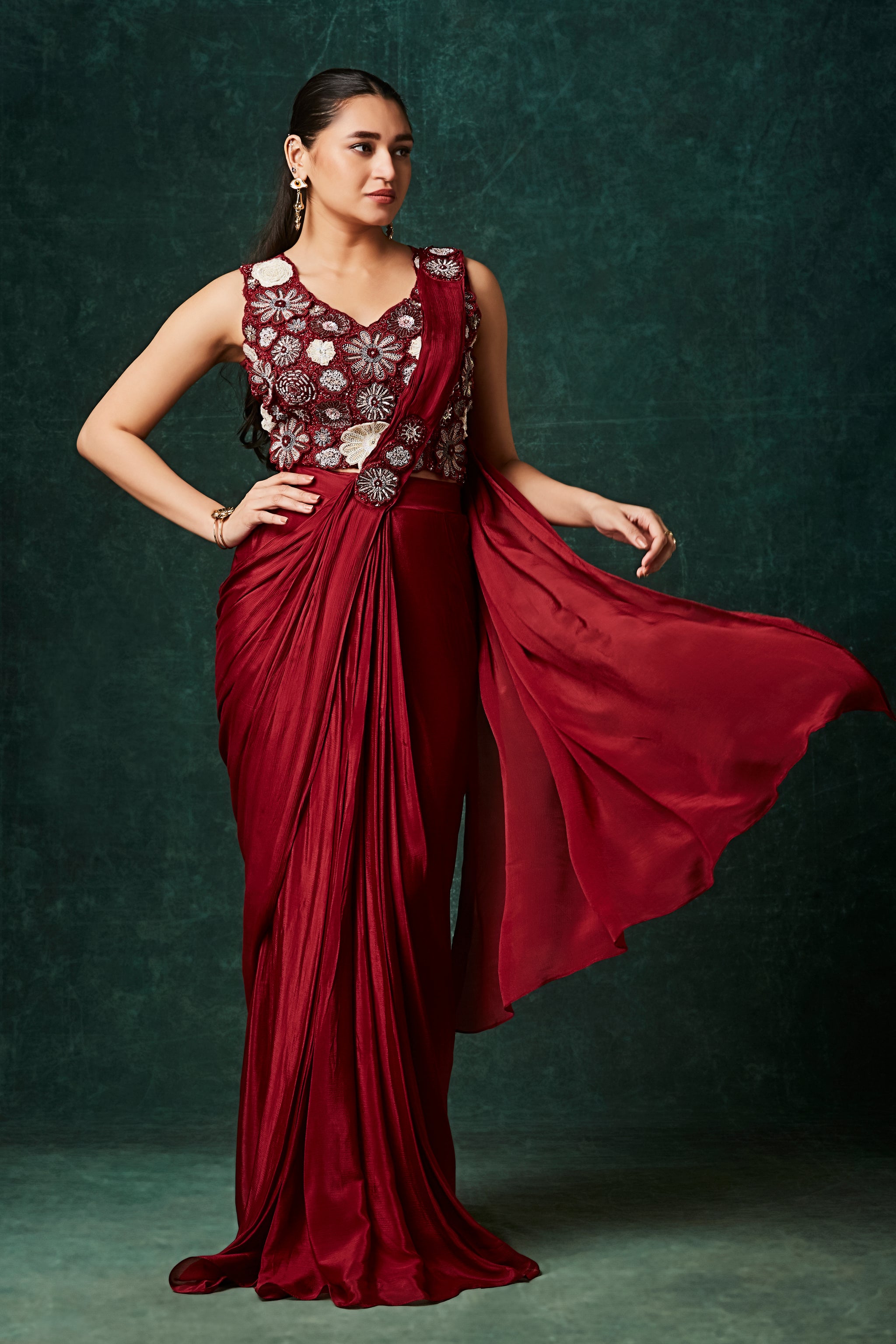 Dark Grey Embellished Chinon Silk Drape Skirt Set main image 1