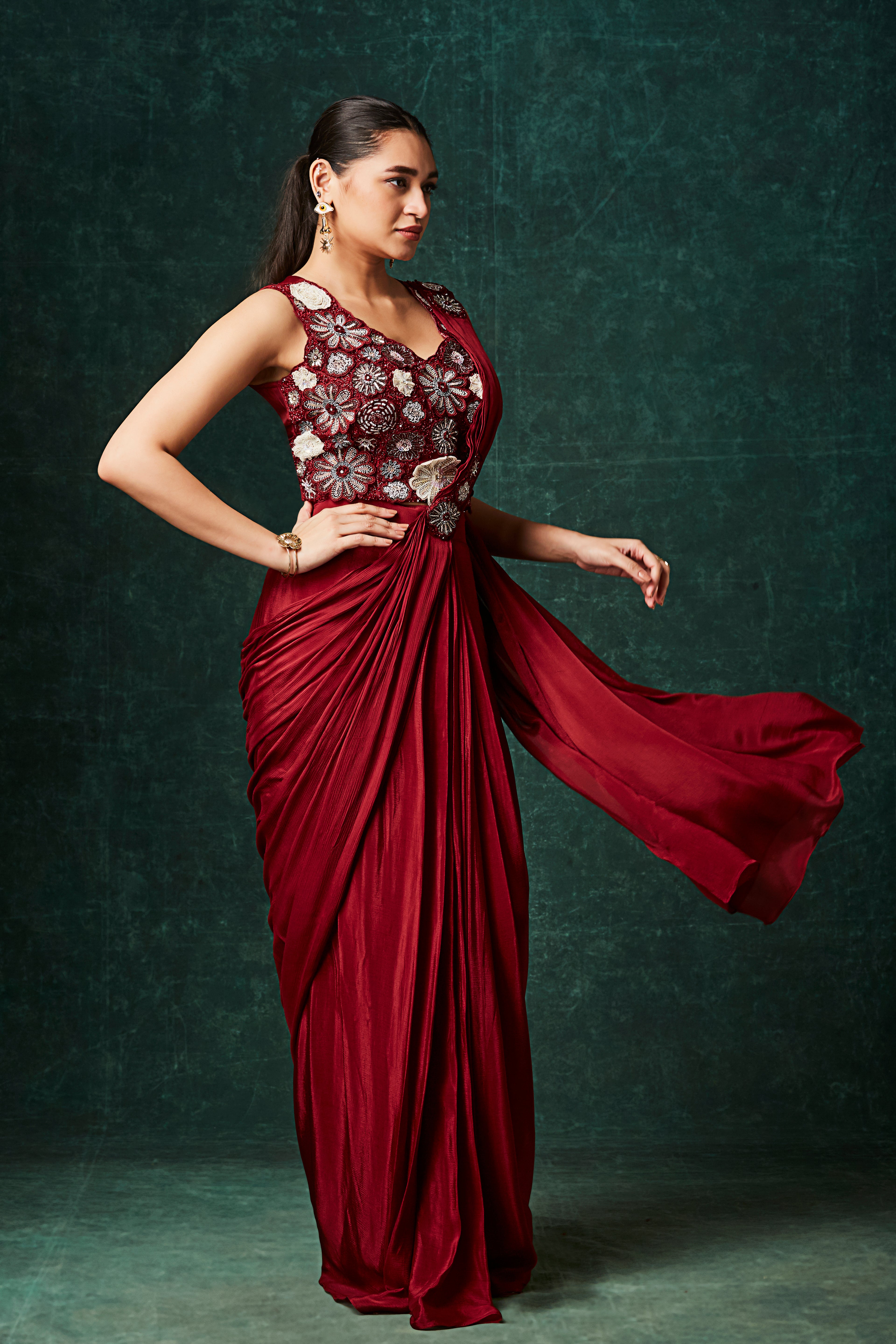 Vibrant Red Embellished Chinon Silk Drape Saree