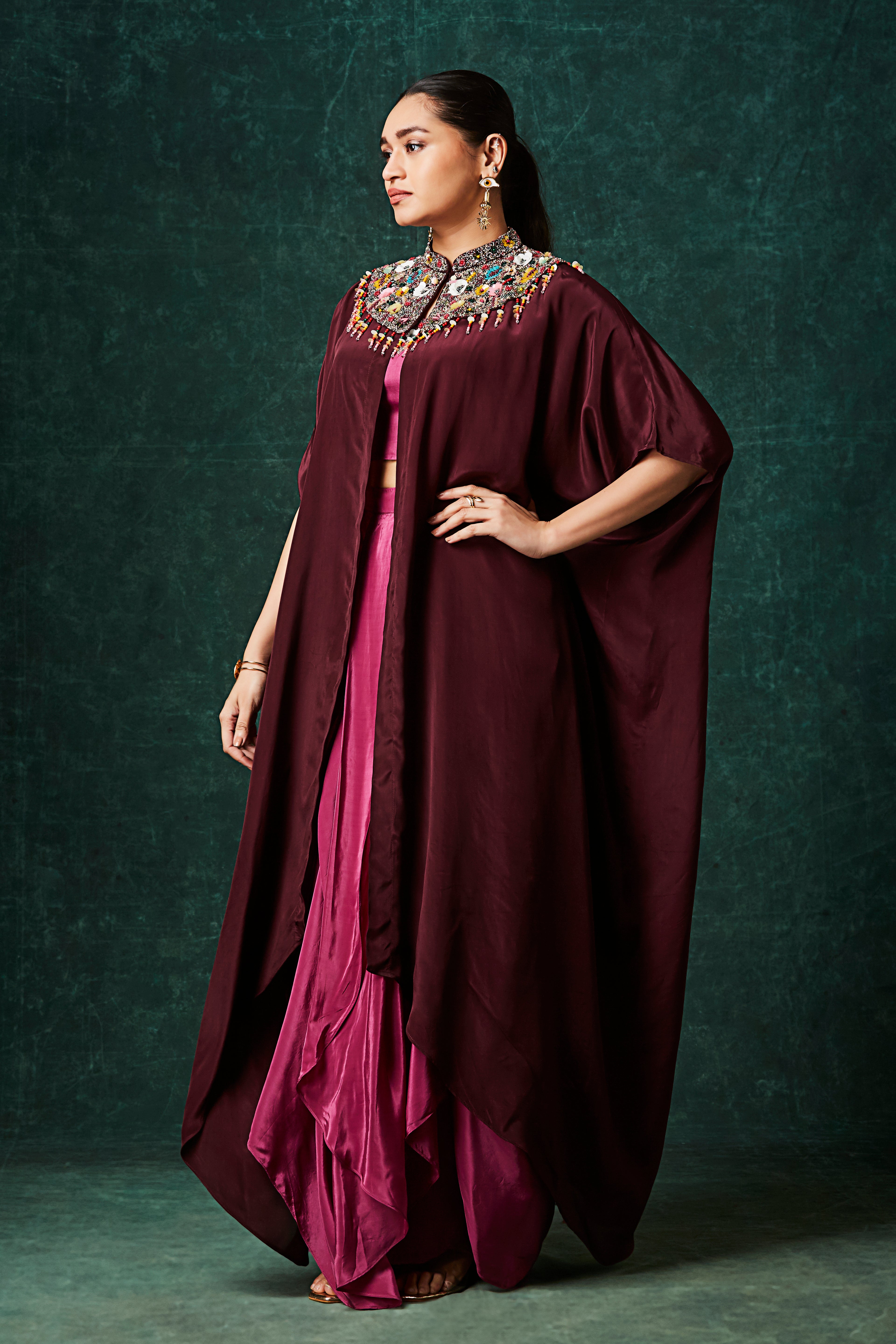 Magenta To Maroon Embellished Crepe Silk Skirt Set
