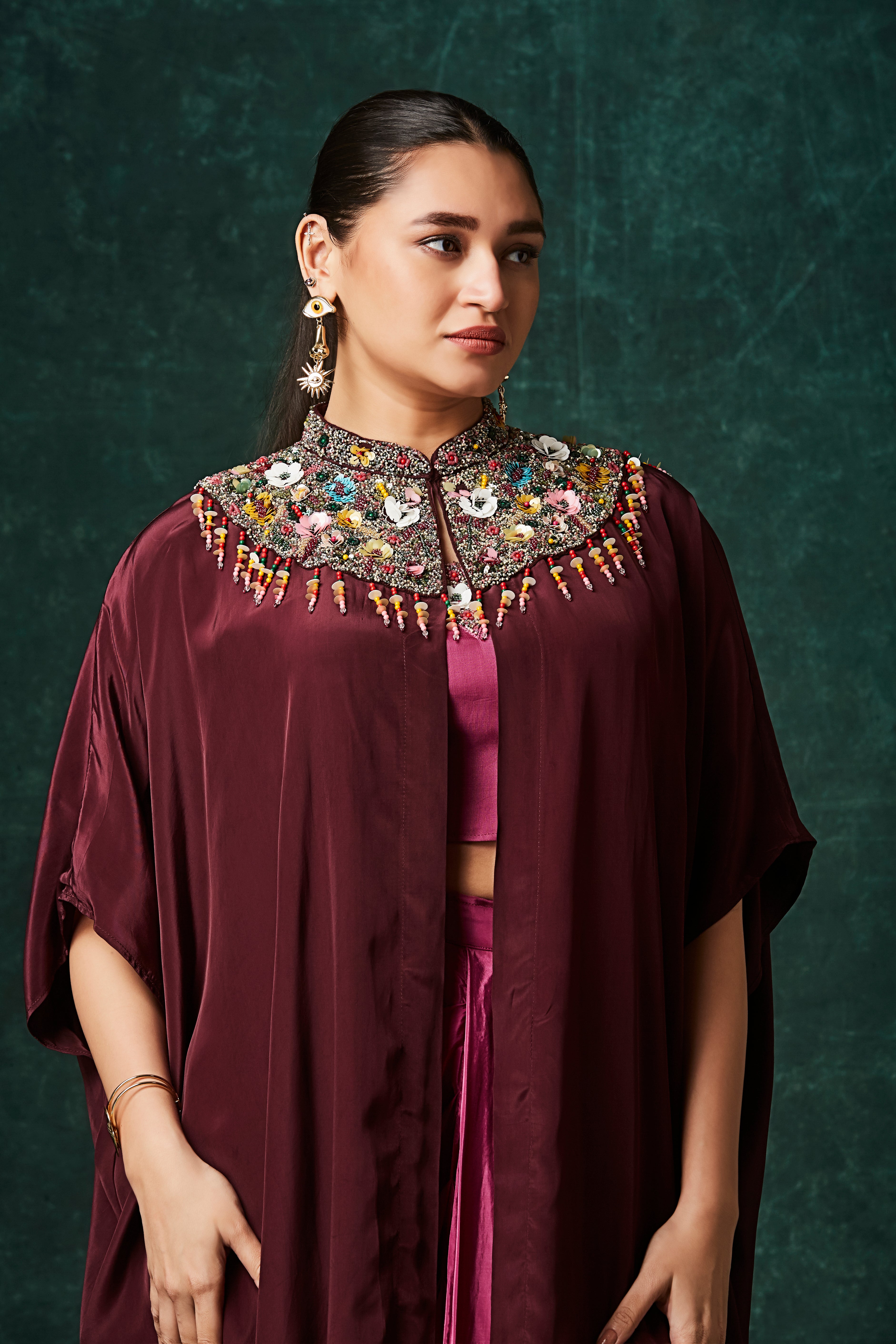 Magenta To Maroon Embellished Crepe Silk Skirt Set