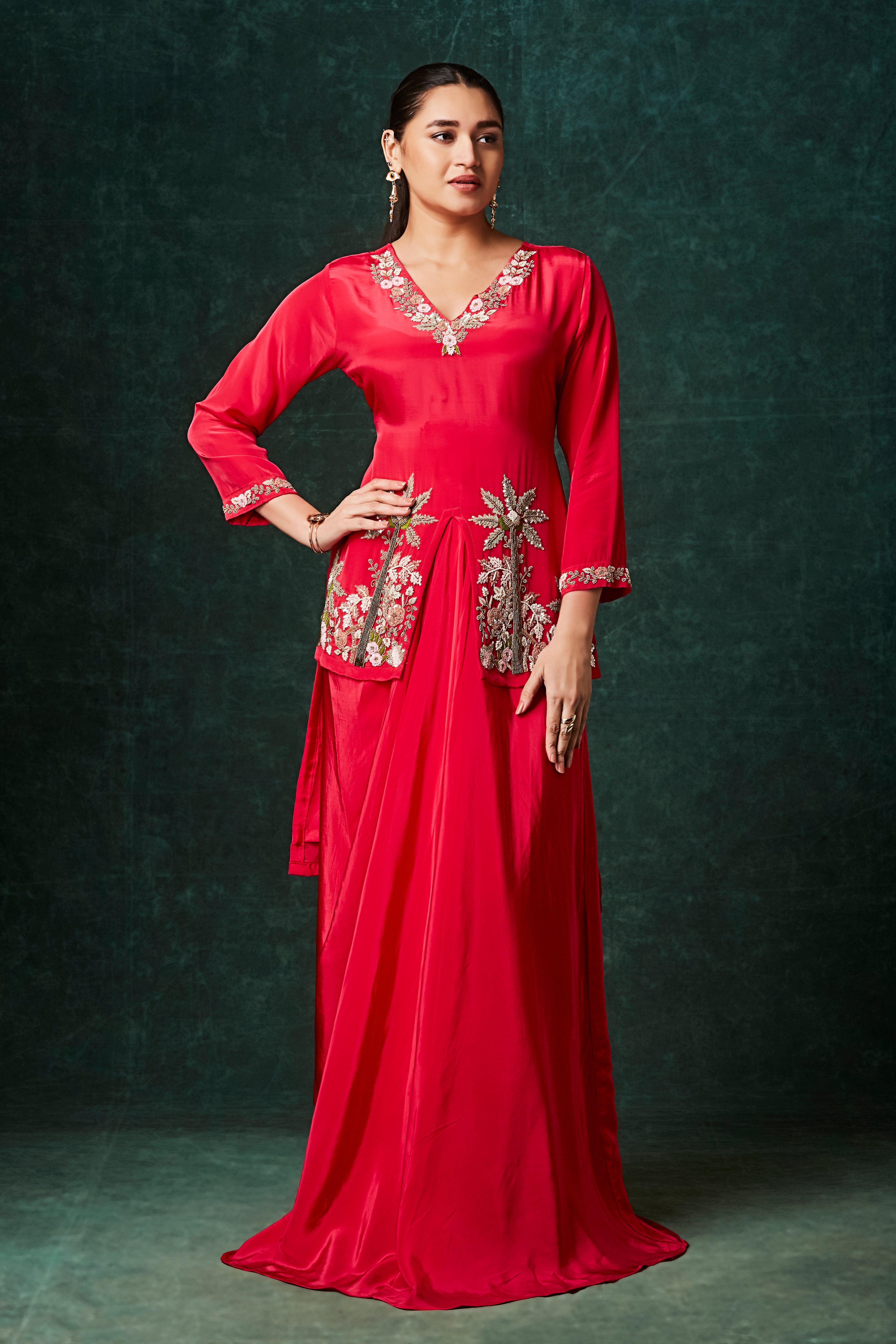 Rose Red Embellished Crepe Silk Skirt Set