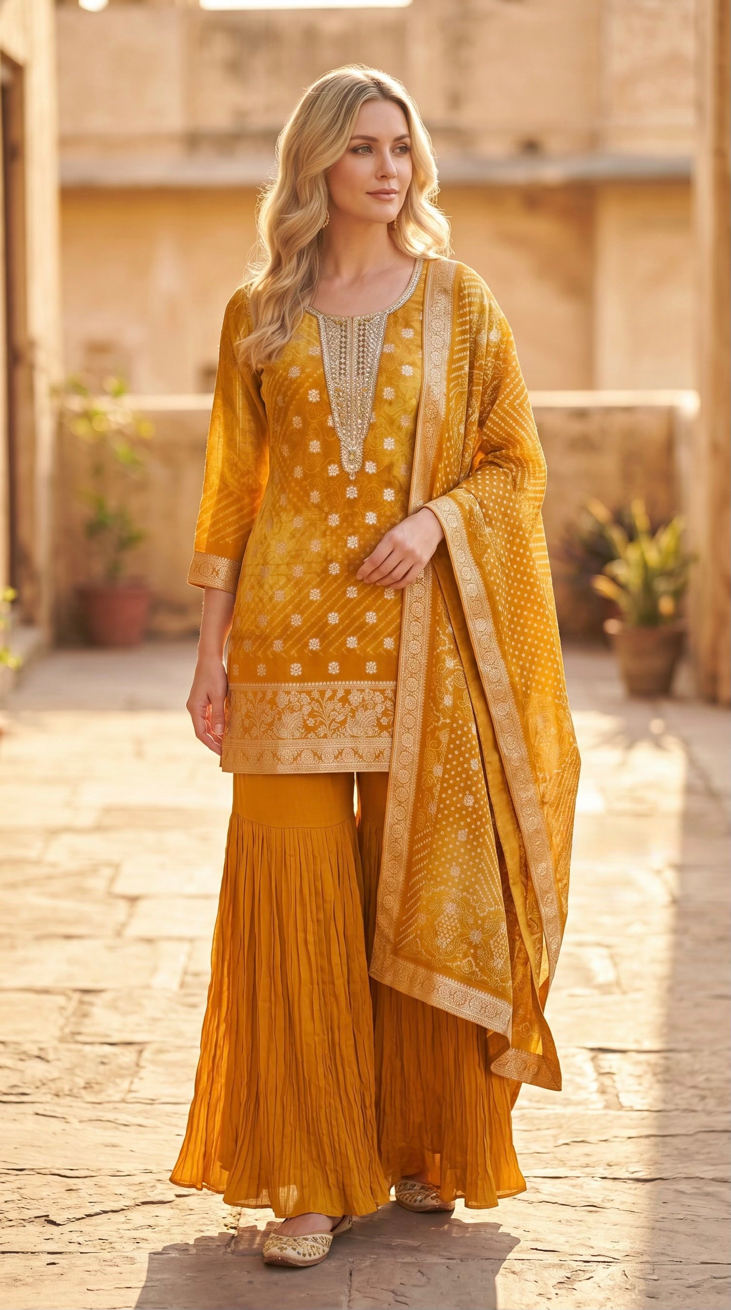 Golden Yellow Embellished Organza Silk Sharara Set