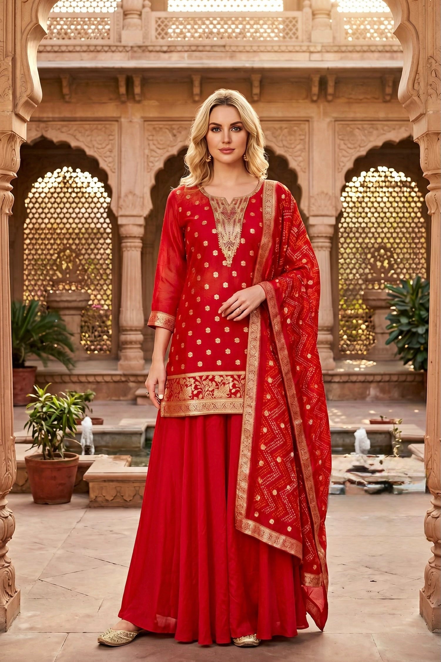 Crimson Glow Embroidered Organza Silk Palazzo Set