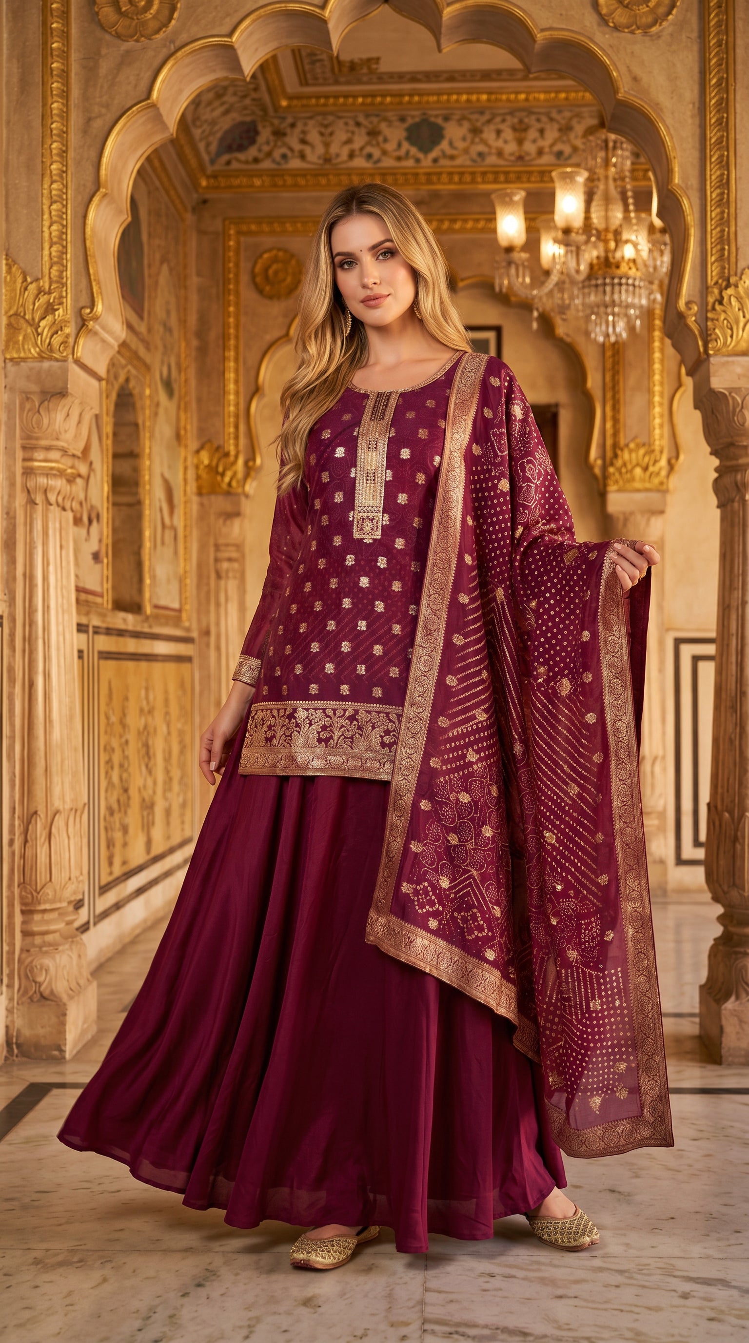 Wine Embroidered Organza Silk Palazzo Set