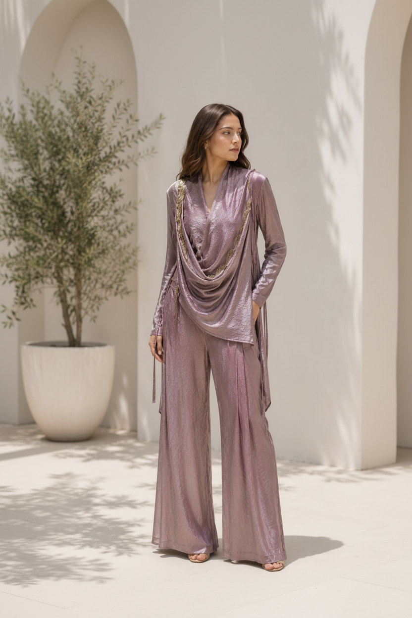 Dusty Lilac Embellished Shimmer Silk Palazzo Set