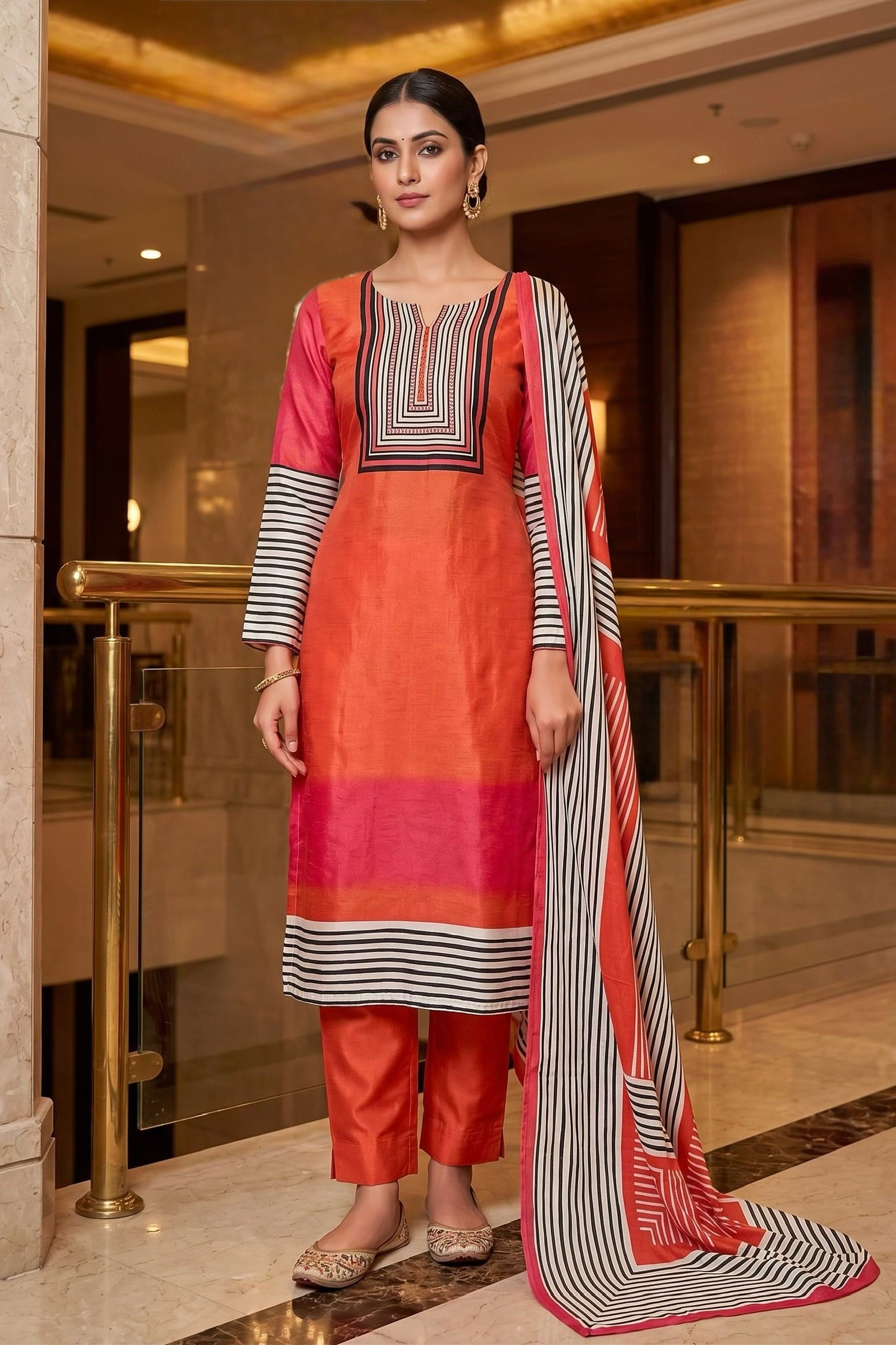 Rust Ombre Printed Dola Silk Pant Set