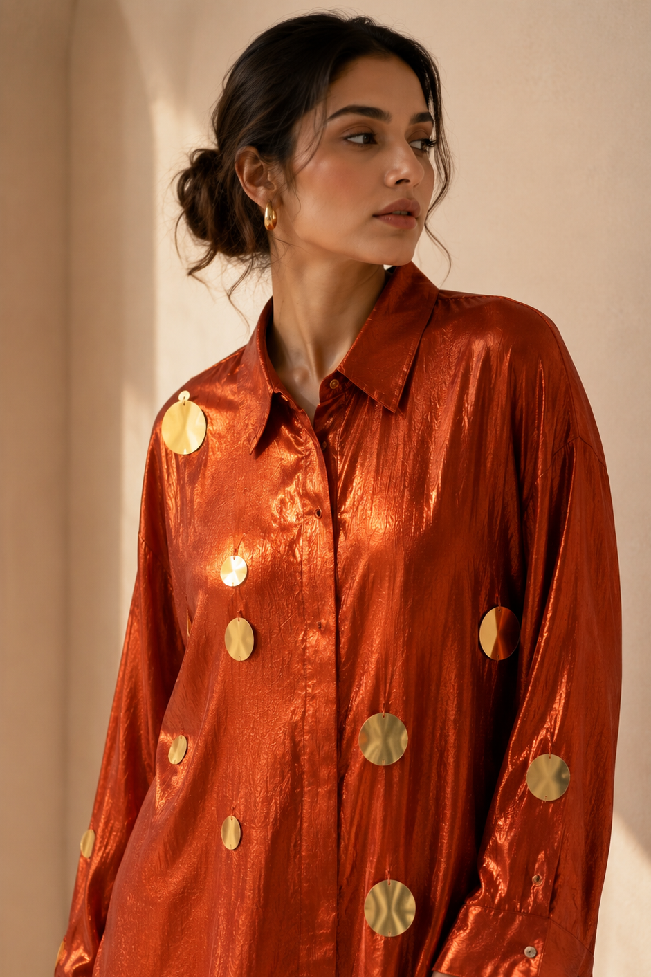 Rust Orange Embellished Shimmer Tissue Silk Co-Ord Set