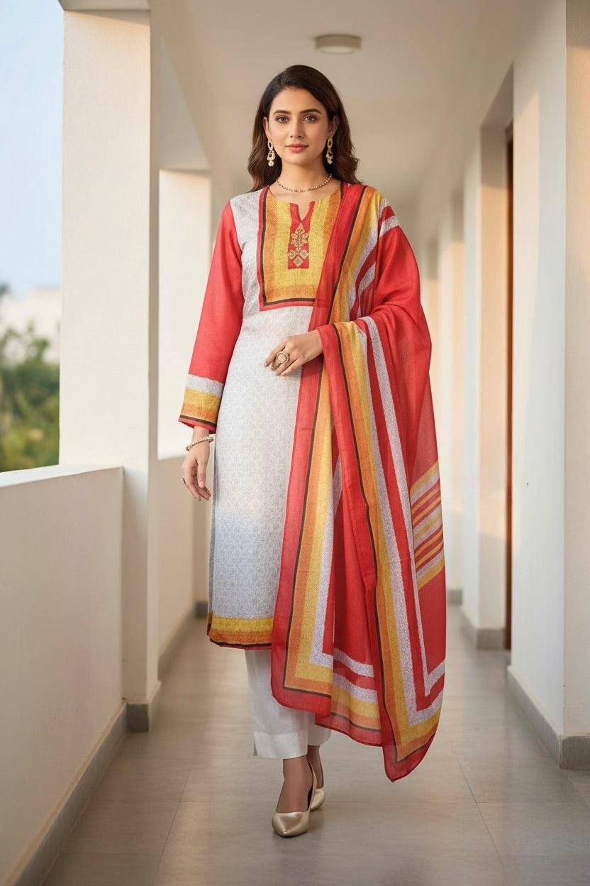 Opulent Red Printed Dola Silk Pant Set