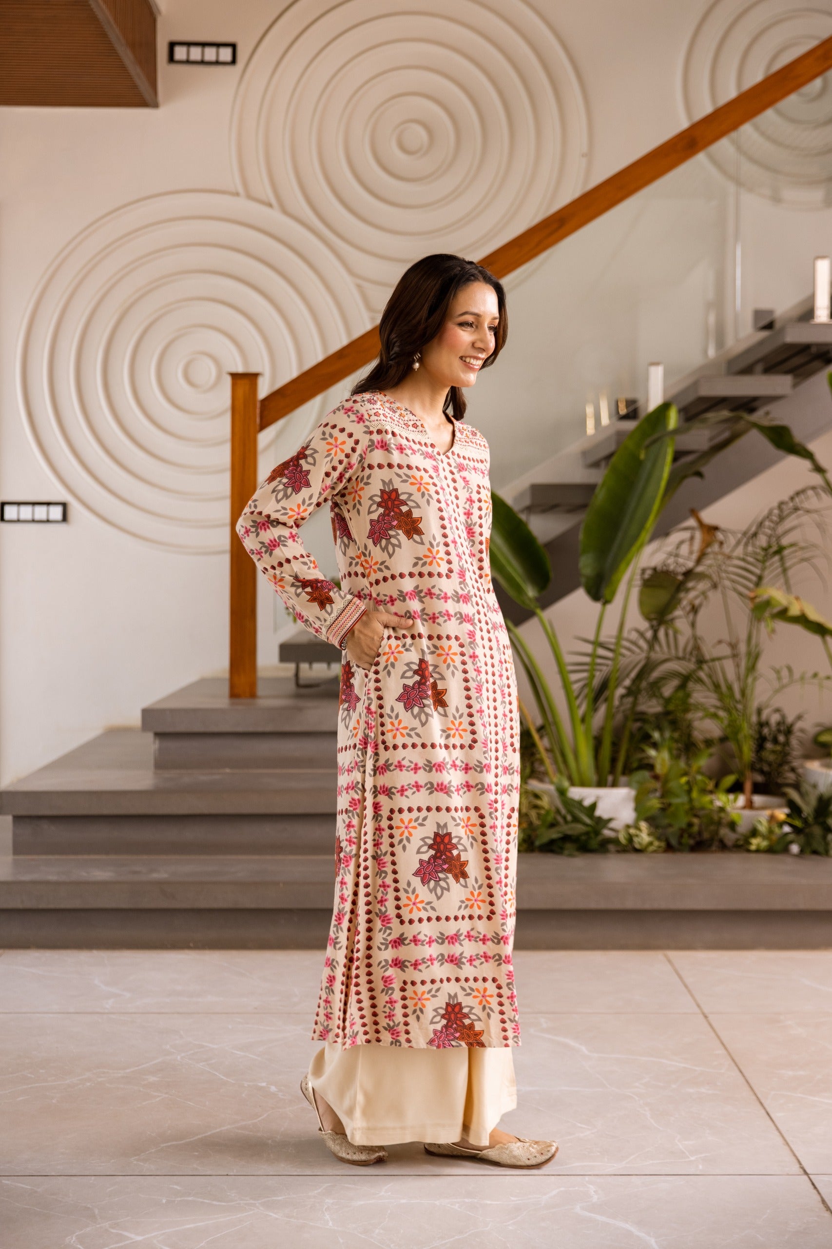 Light Beige Printed Kurta Set