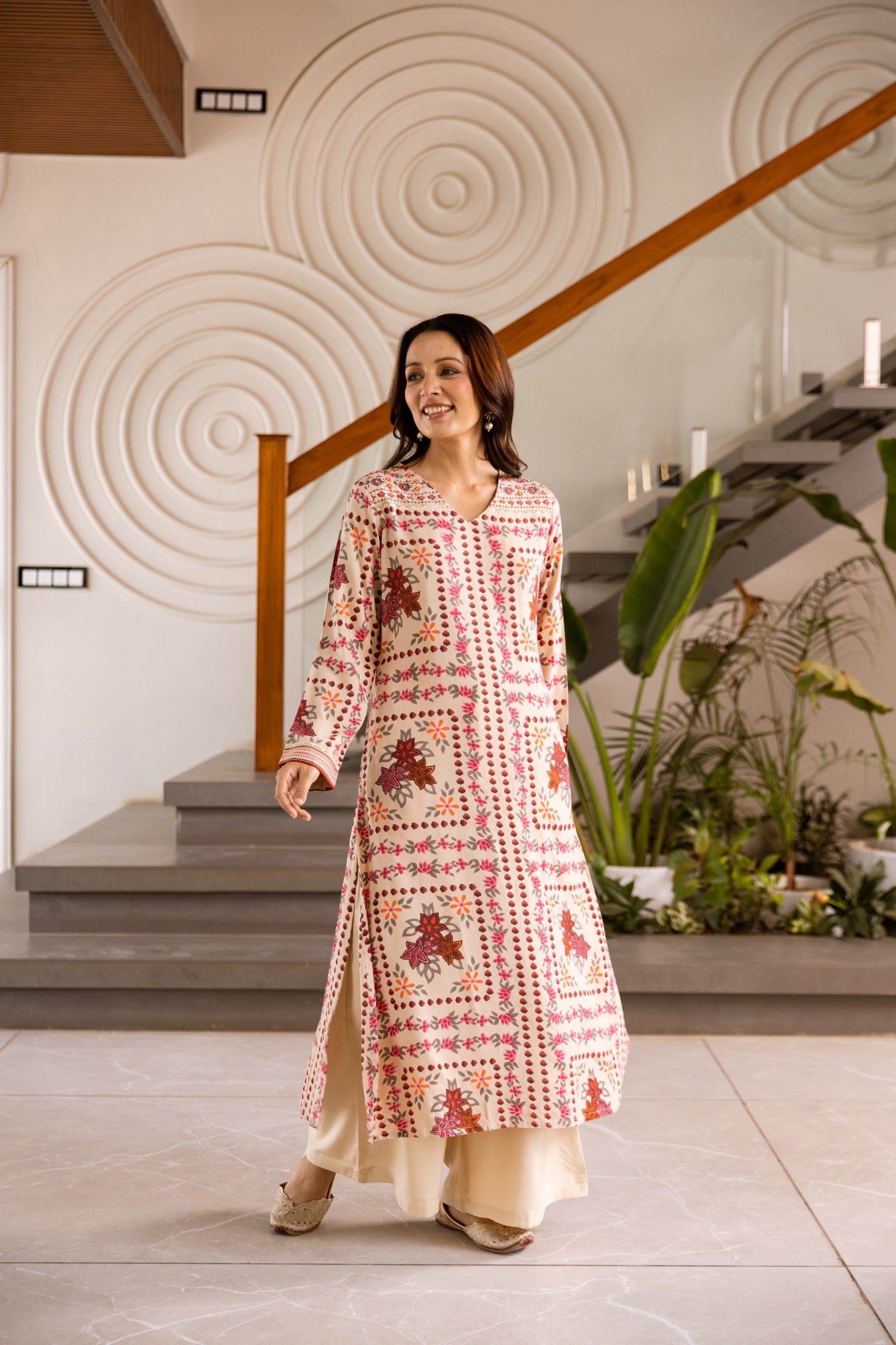 Light Beige Printed Kurta Set