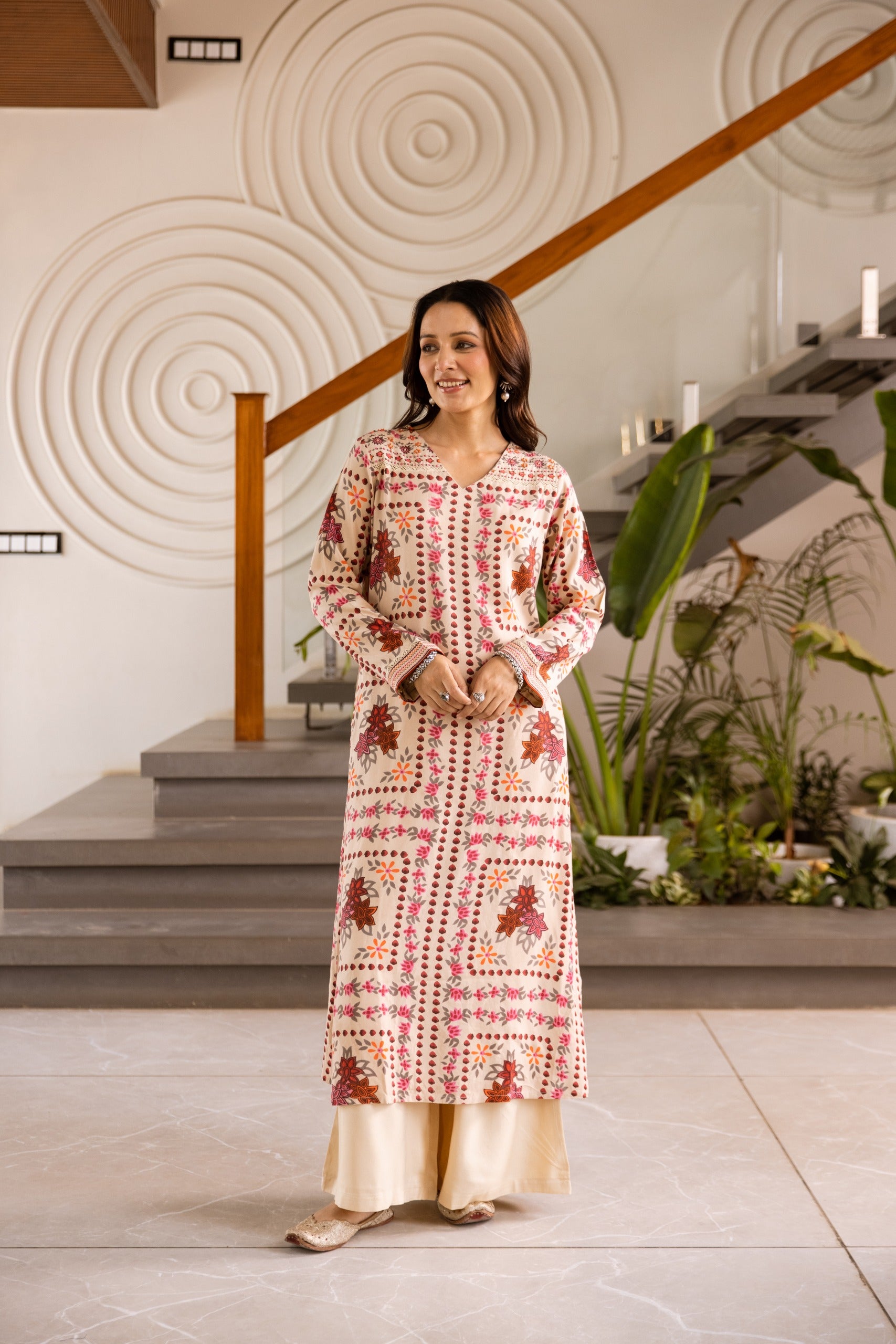 Light Beige Printed Kurta Set