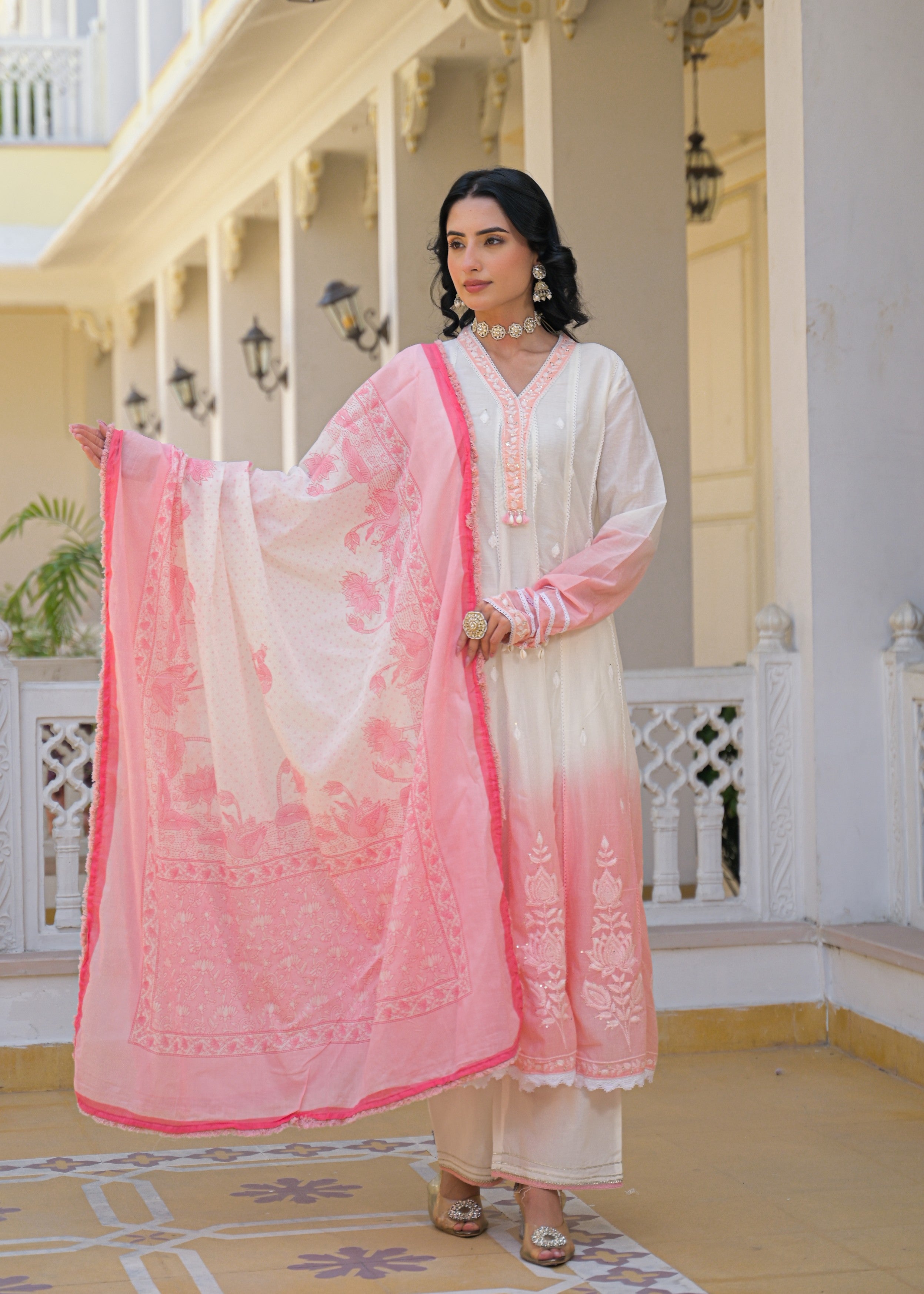 Pink Ombre Embroidered Mul Cotton Anarkali Set