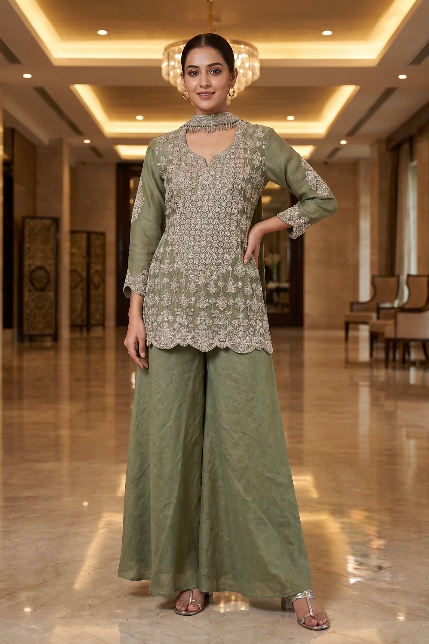 Olive Heritage Embellished Premium Silk Palazzo Set