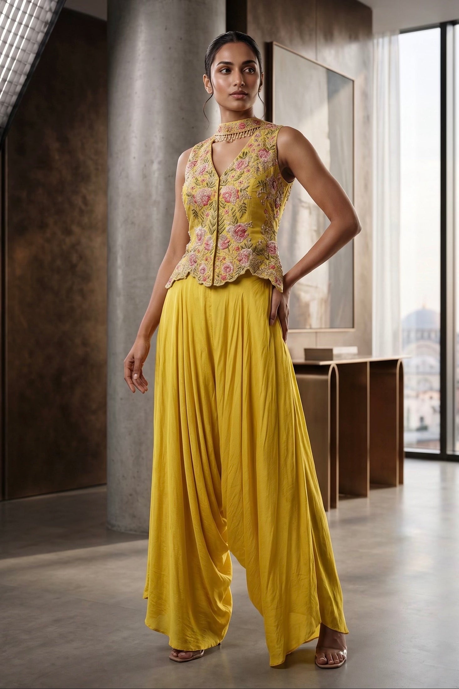 Daffodil Yellow Embroidered Crepe Silk Palazzo Set