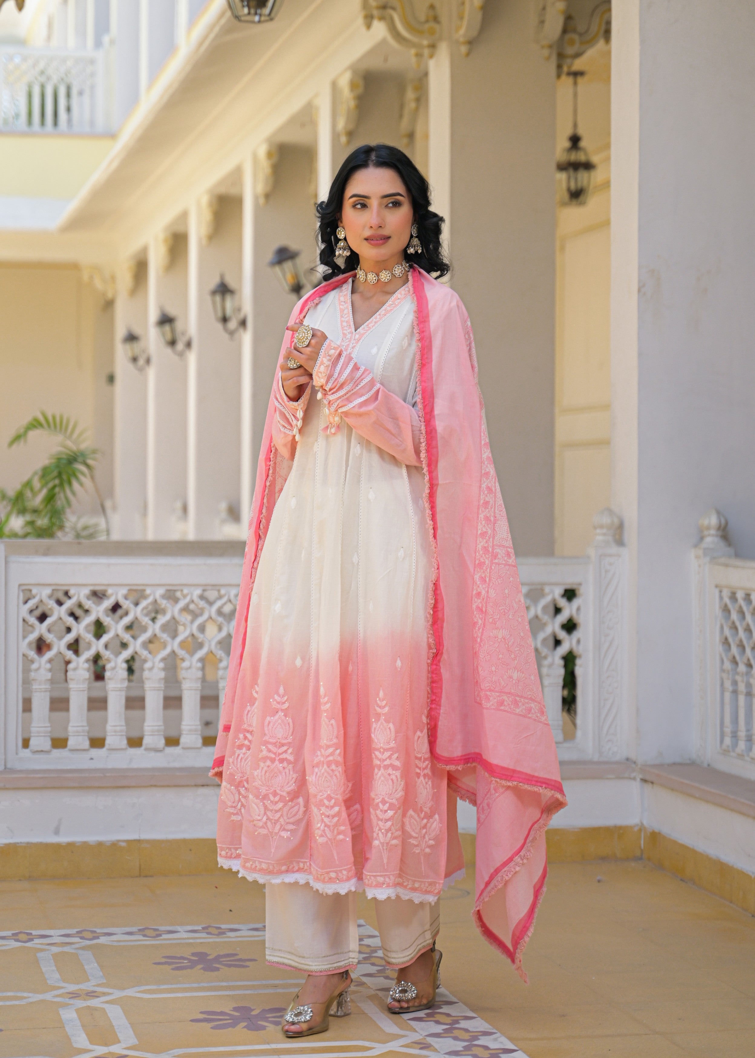 Pink Ombre Embroidered Mul Cotton Anarkali Set
