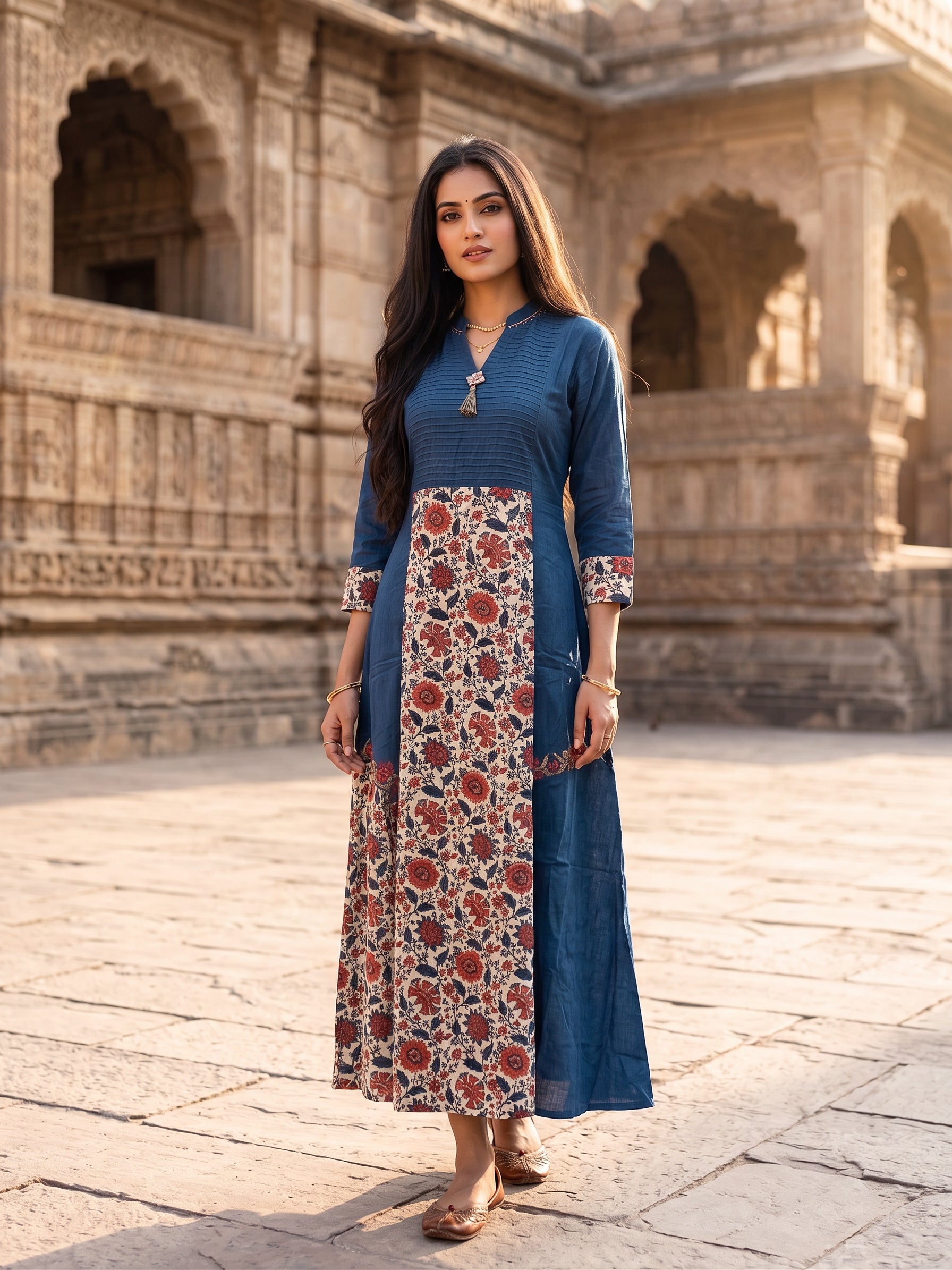 Navy Blue Panel-Print Muslin Silk Dress