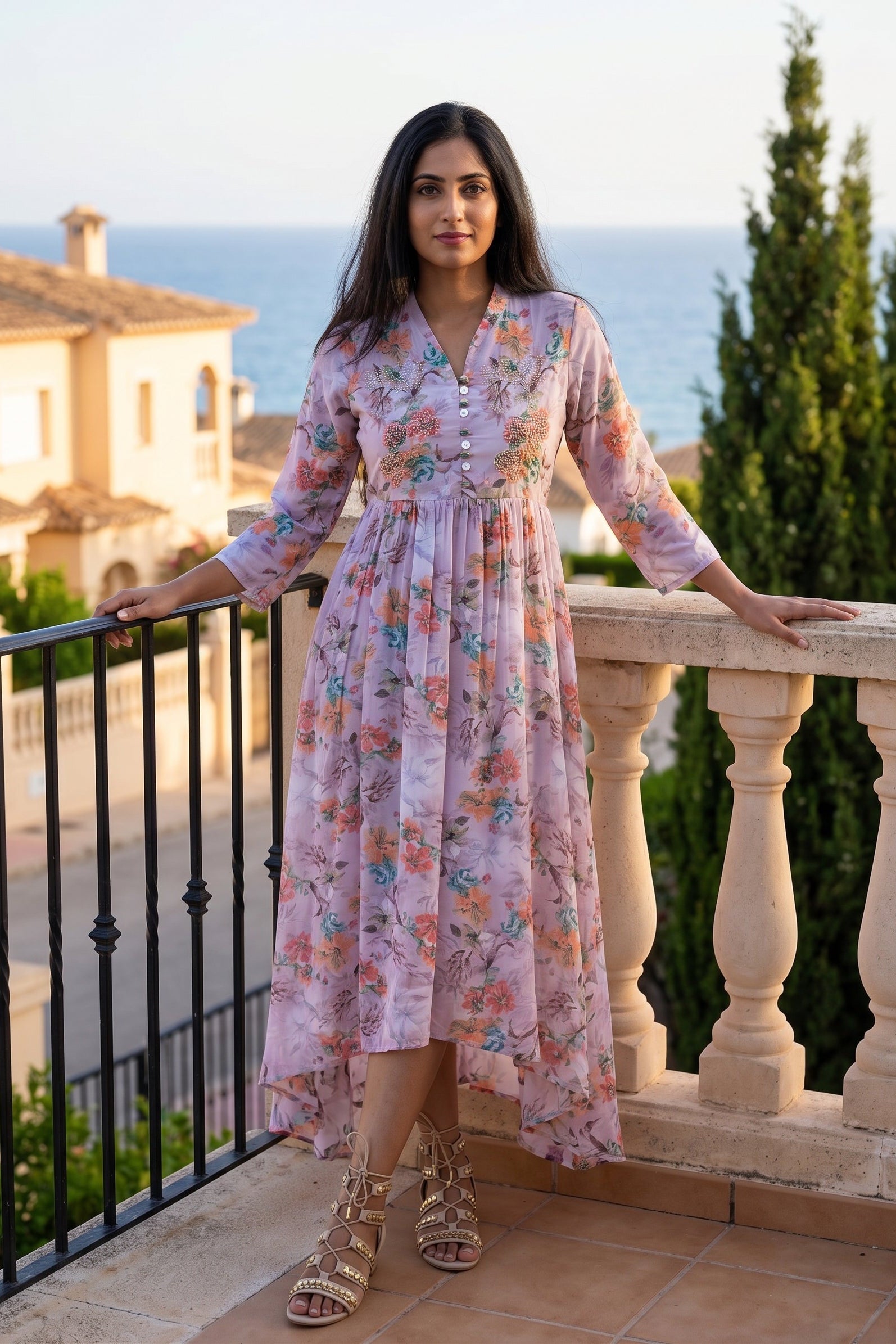 Lilac Floral Crepe Silk Dress
