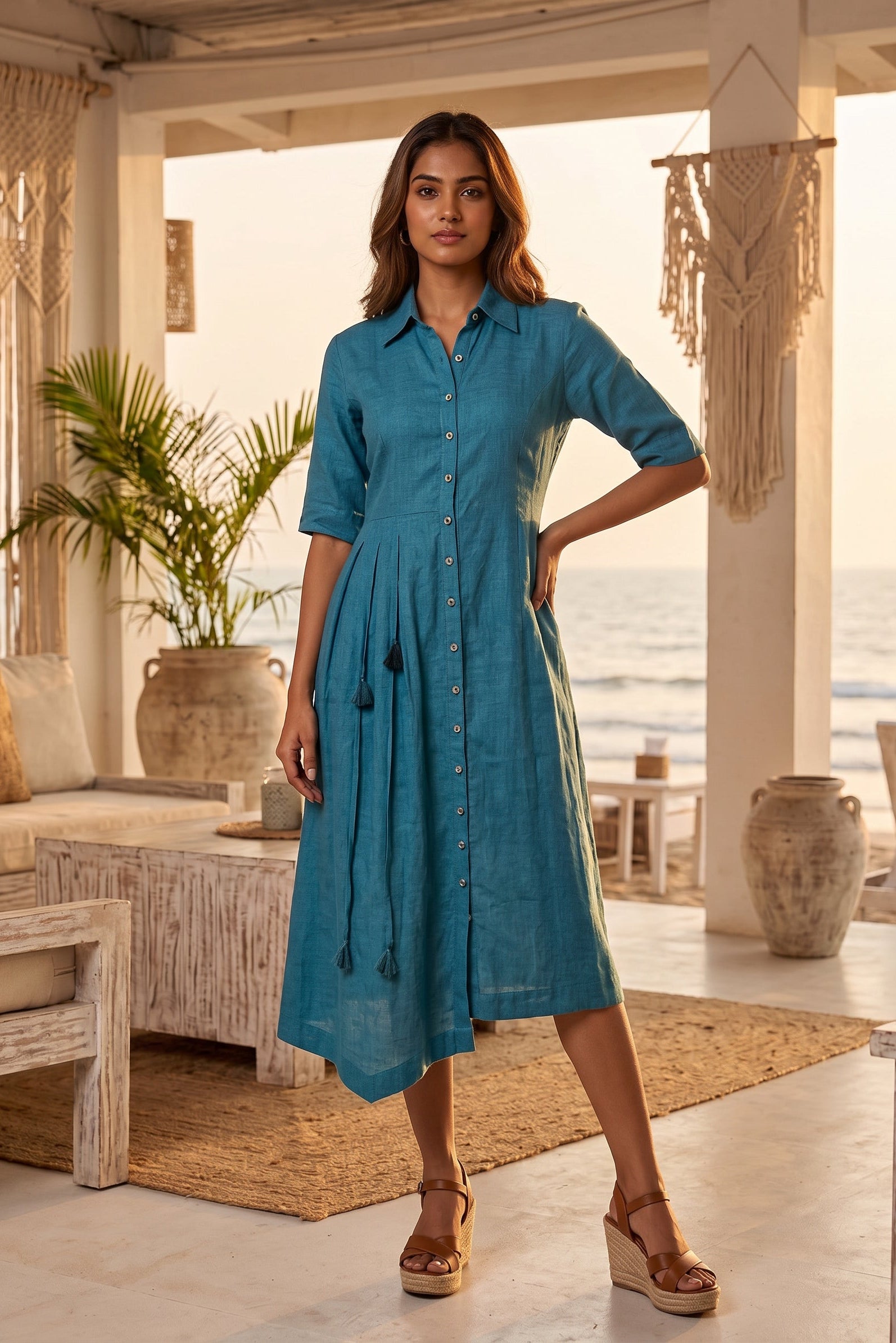 Slate Blue Linen Shirt Dress