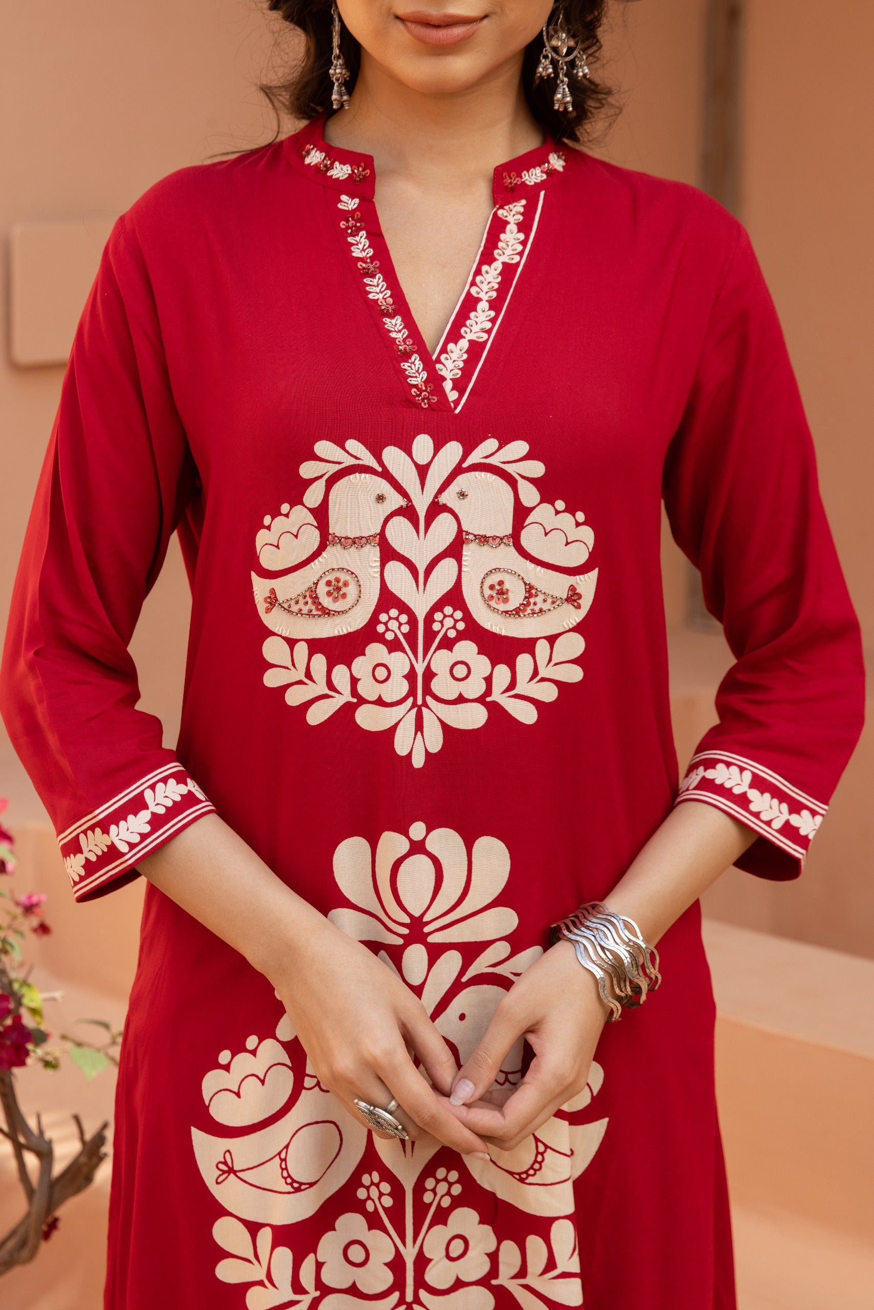 Red Printed Cotton Kurta Set