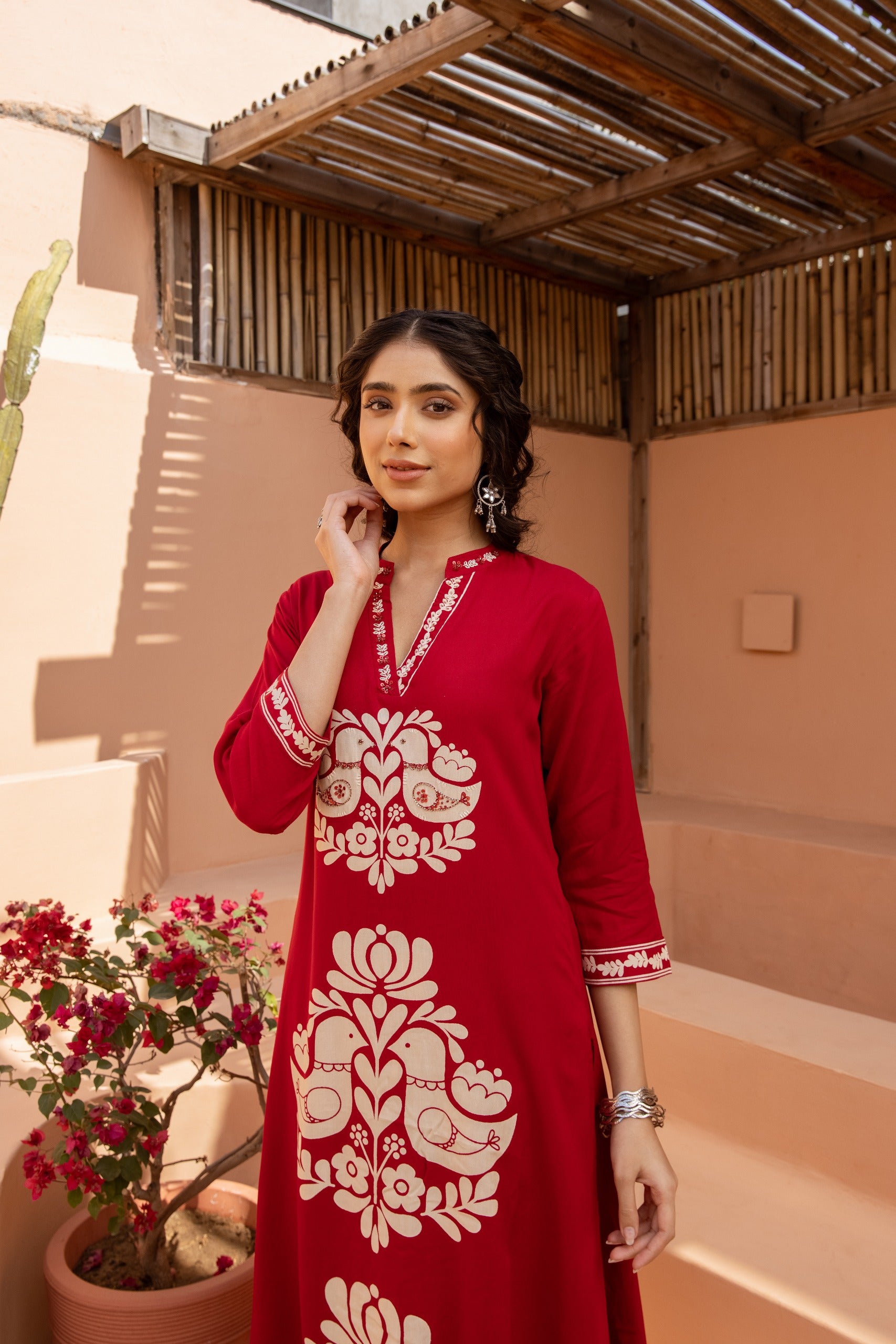 Red Printed Cotton Kurta Set