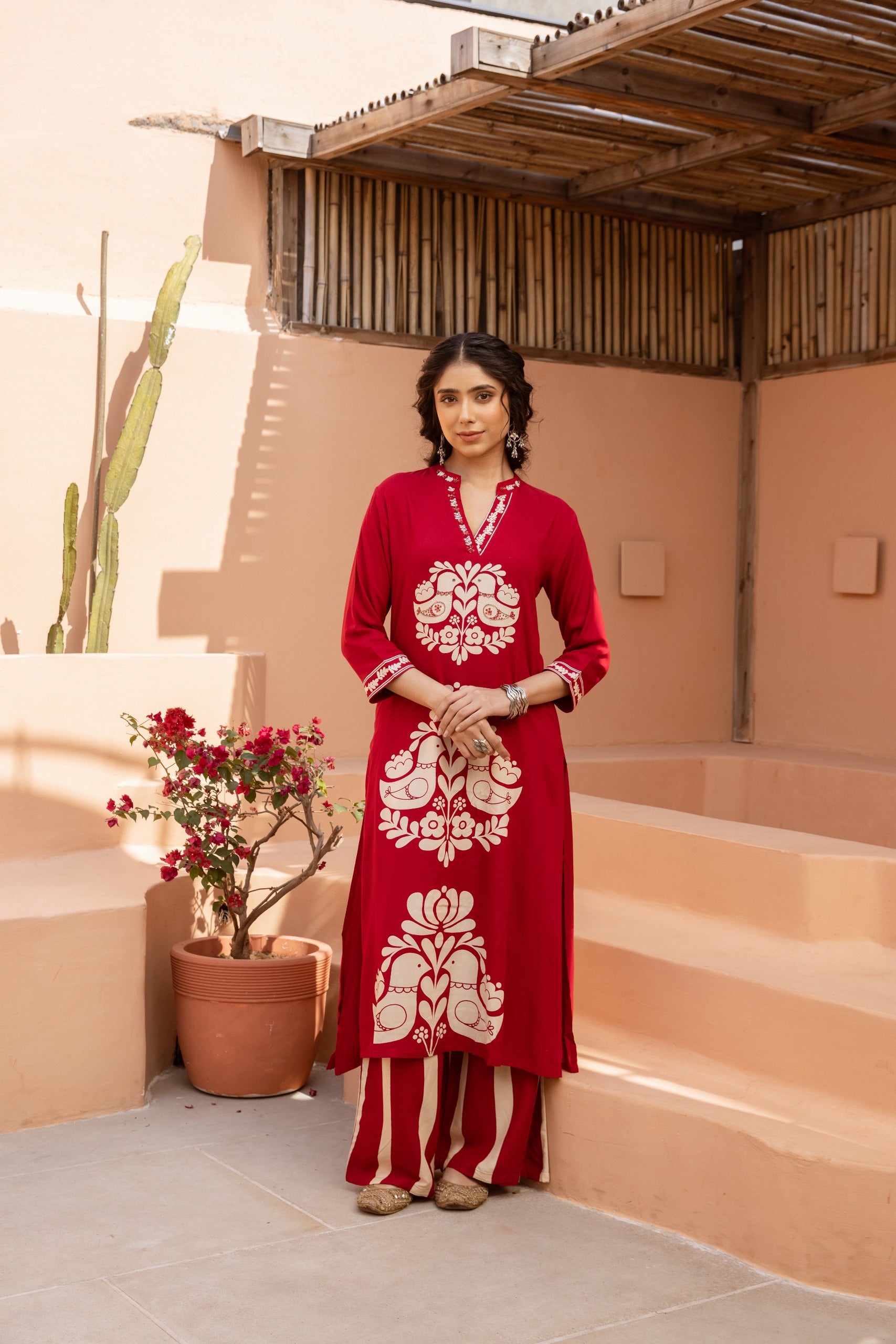 Red Printed Cotton Kurta Set
