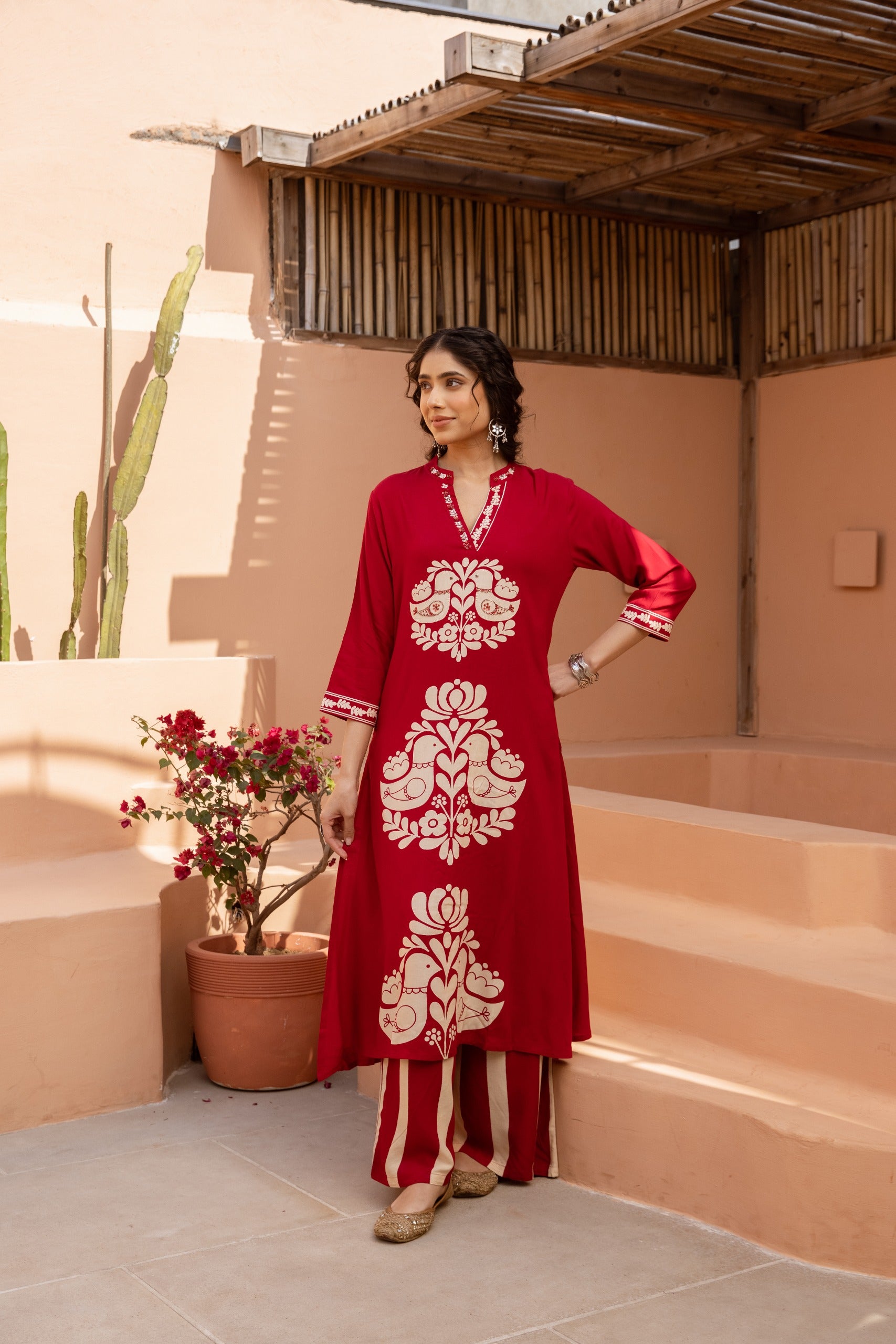 Red Printed Cotton Kurta Set
