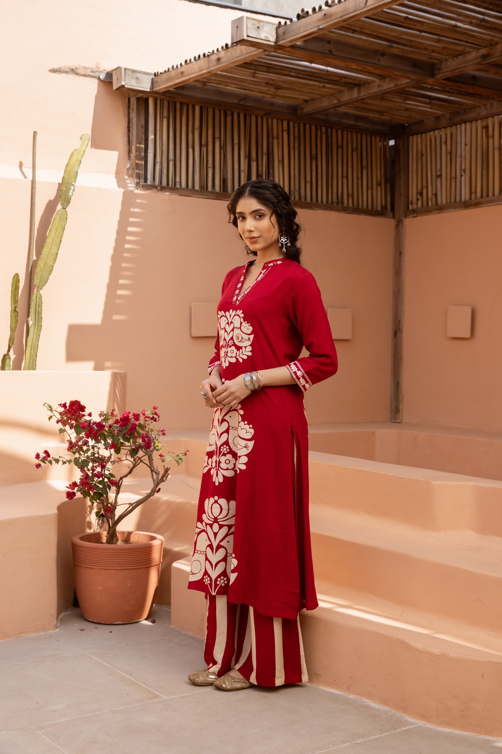 Red Printed Cotton Kurta Set