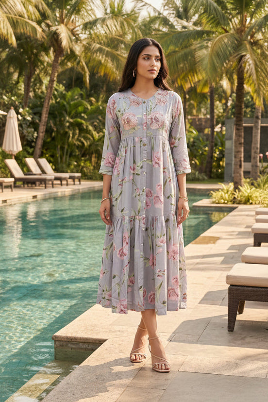 Dove Grey Floral Midi Dress