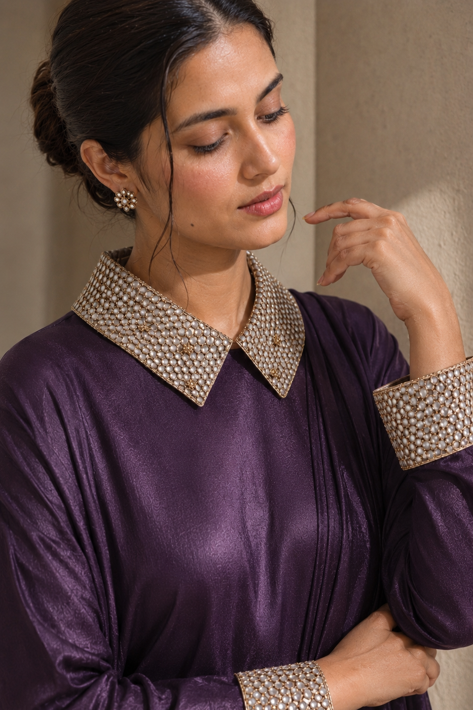 Deep Plum Embellished Lattice Draped Gown