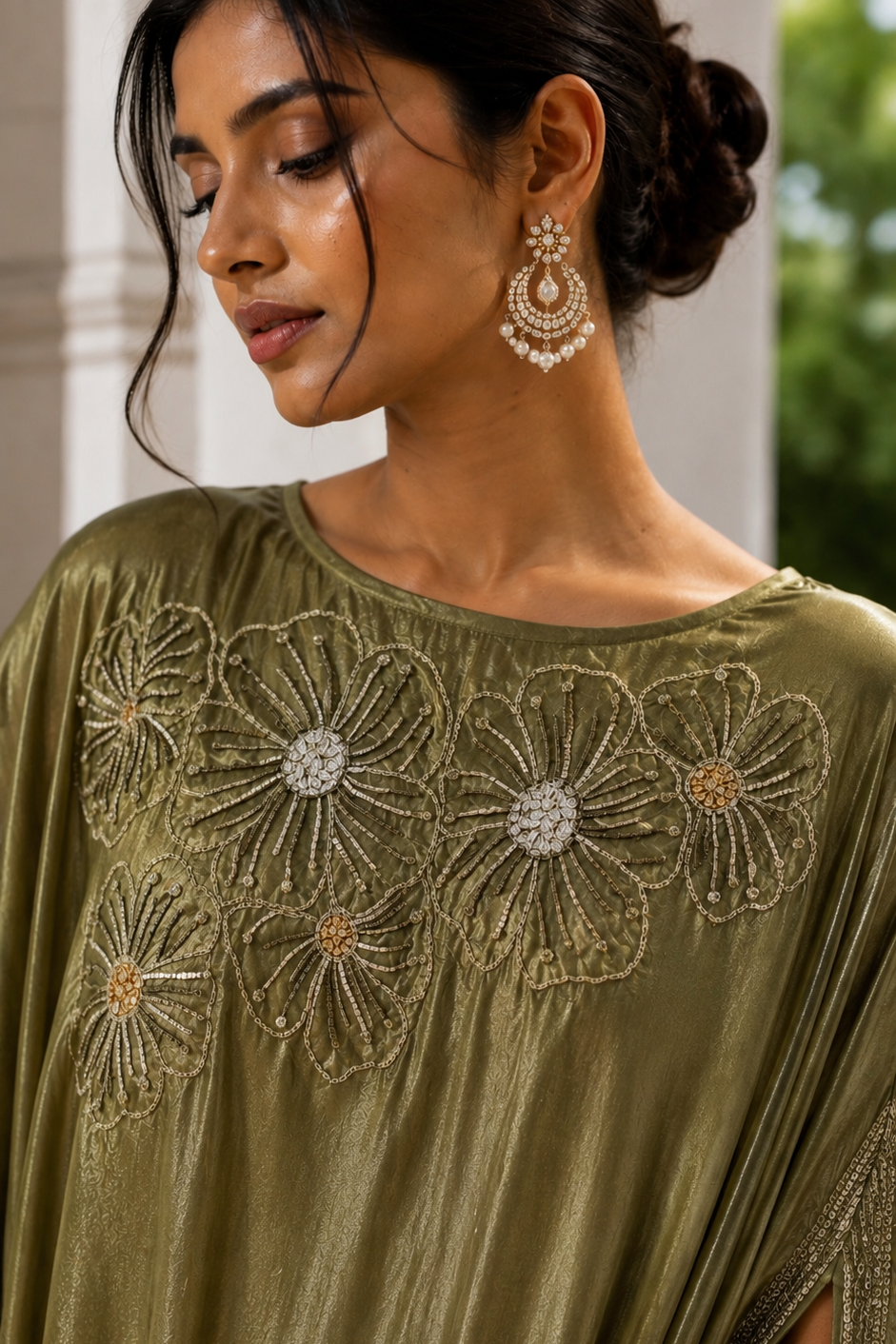 Olive Gold Embellished Crushed Tissue Kaftan Skirt Set