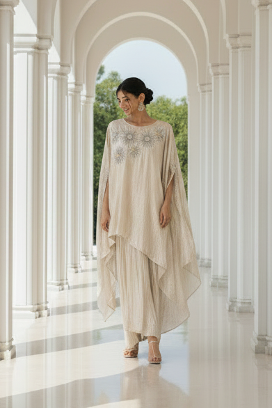 Champagne Gold Embellished Crushed Tissue Kaftan Skirt Set